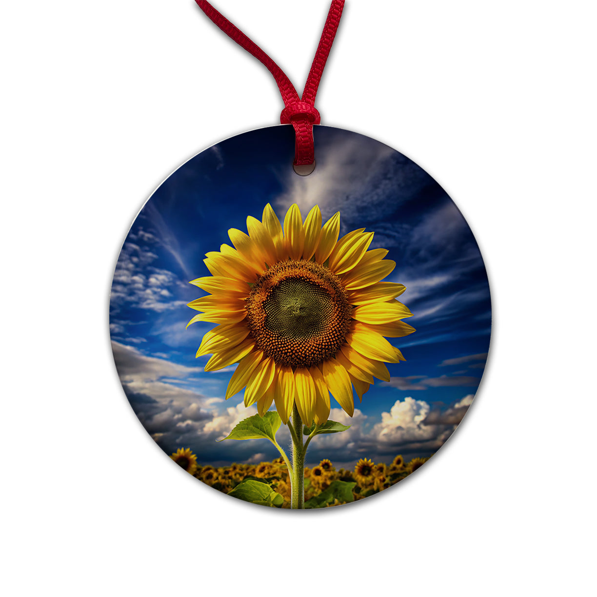 Sunflower Against a Deep Blue Sky Round Ceramic Holiday Christmas Tree Ornament