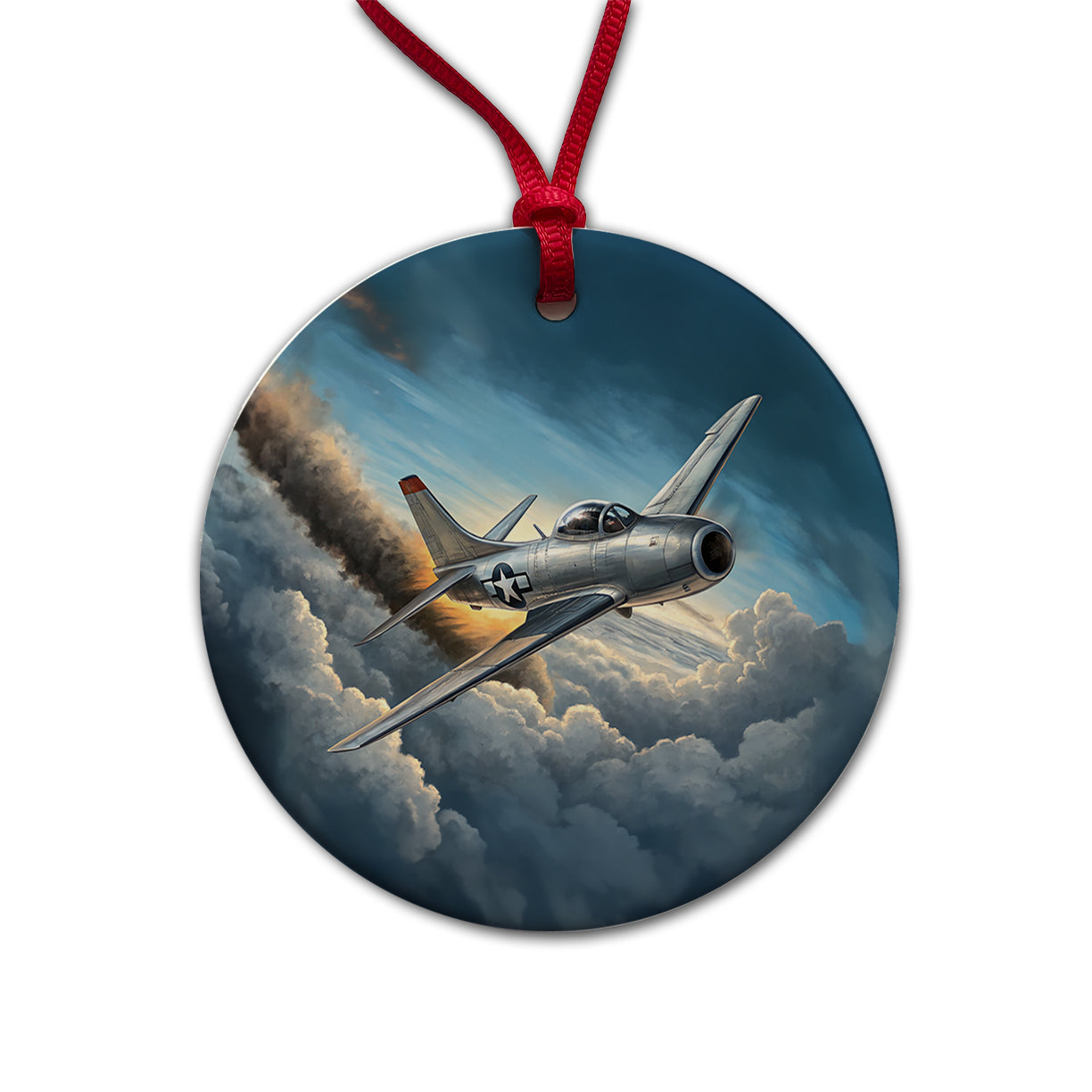 F-86 Sabre Jet Fighter Plane Round Ceramic Holiday Christmas Tree Ornament