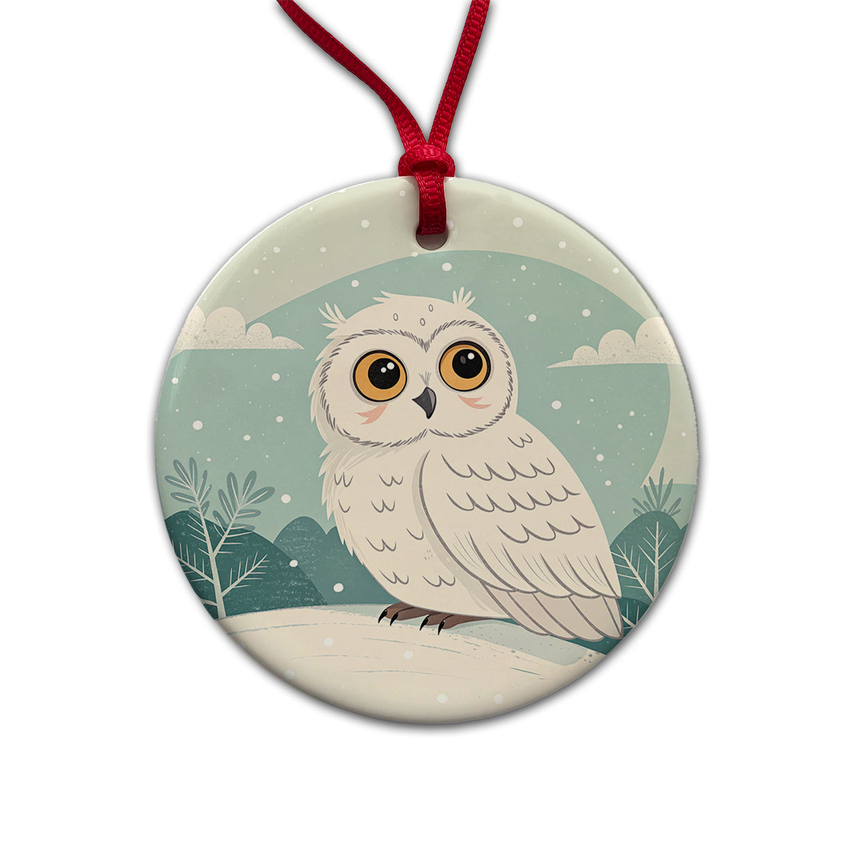 Adorable Snowy Owl Round Ceramic Holiday Christmas Tree Ornament