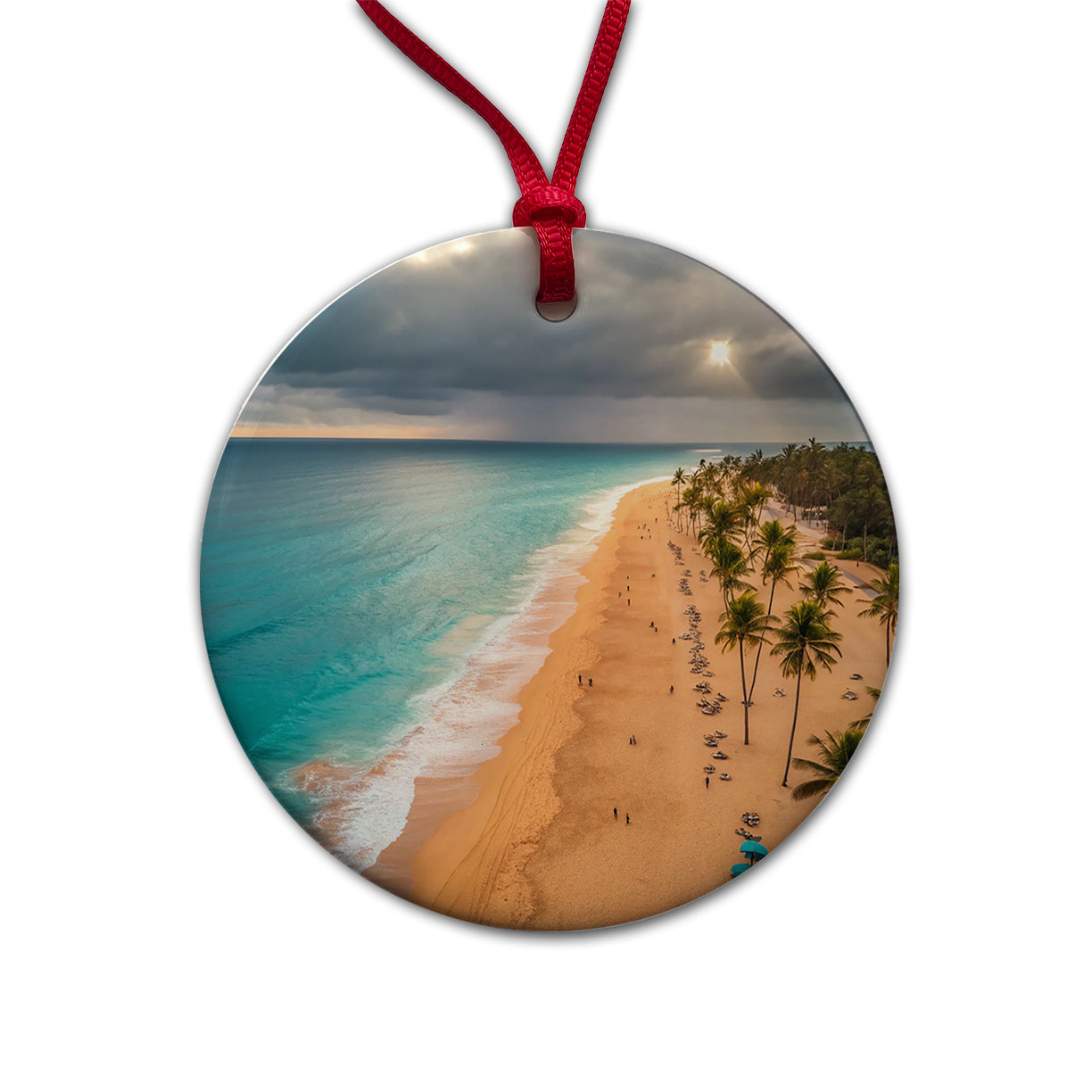 Aerial Beach Ocean Resort Palm Trees Round Ceramic Holiday Christmas Tree Ornament