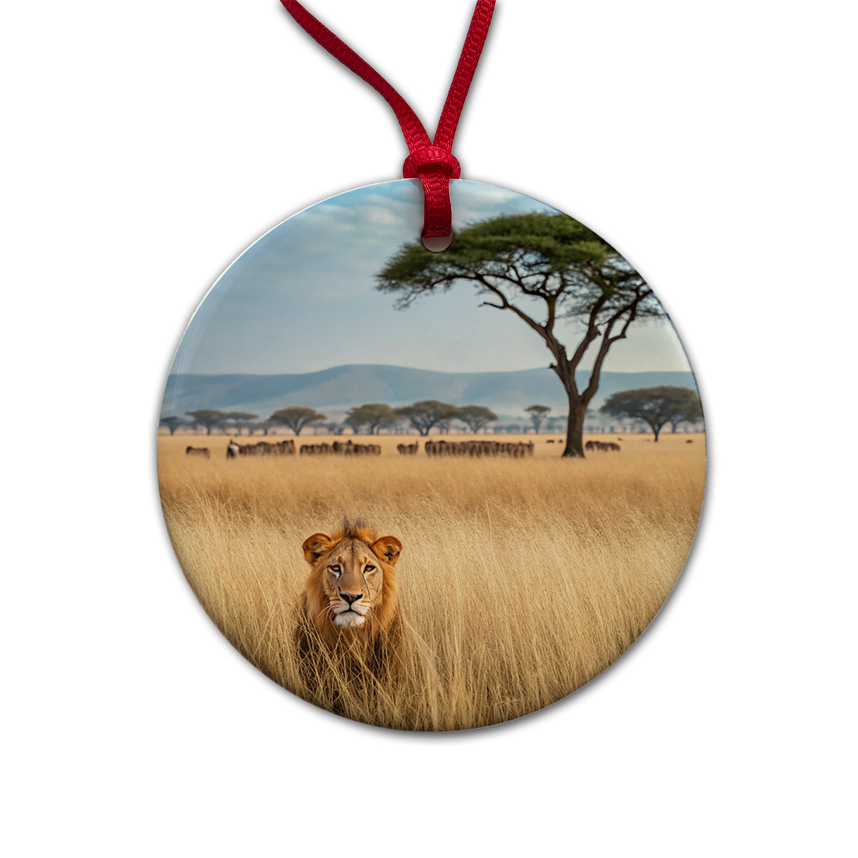 African Safari Lion Round Ceramic Holiday Christmas Tree Ornament