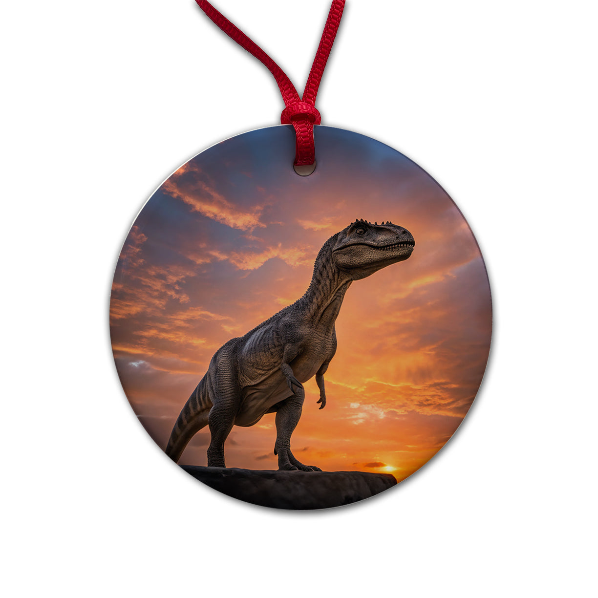 Allosaurus Sunset Dinosaur Round Ceramic Holiday Christmas Tree Ornament