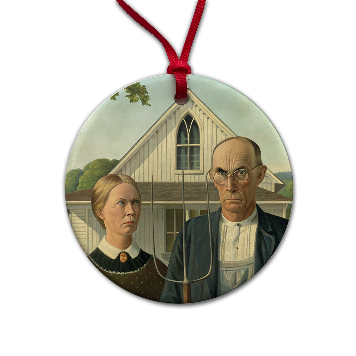 American Gothic Grant Wood Painting Inspired Round Ceramic Holiday Christmas Tree Ornament