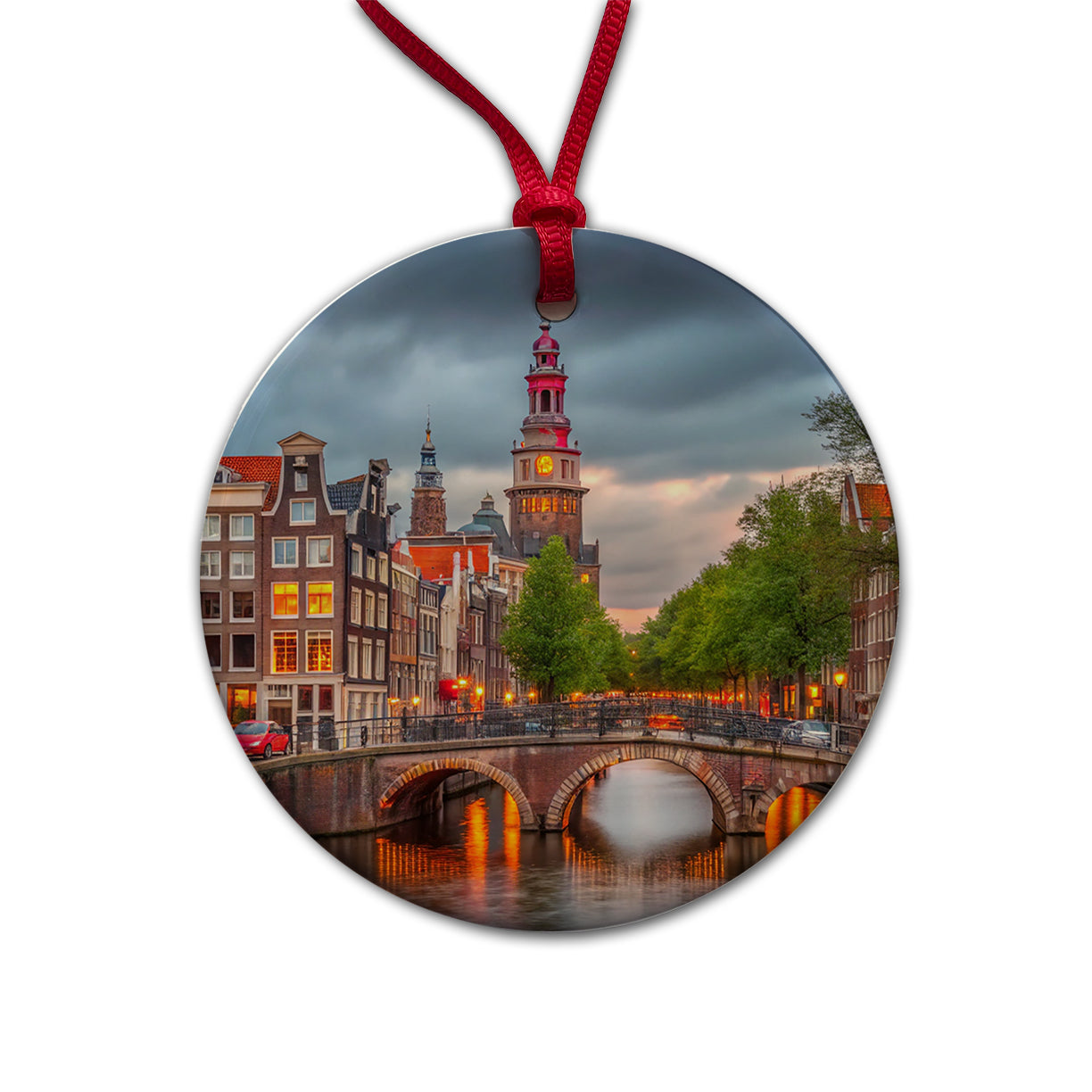 Amsterdam Netherlands At Sunset Round Ceramic Holiday Christmas Tree Ornament