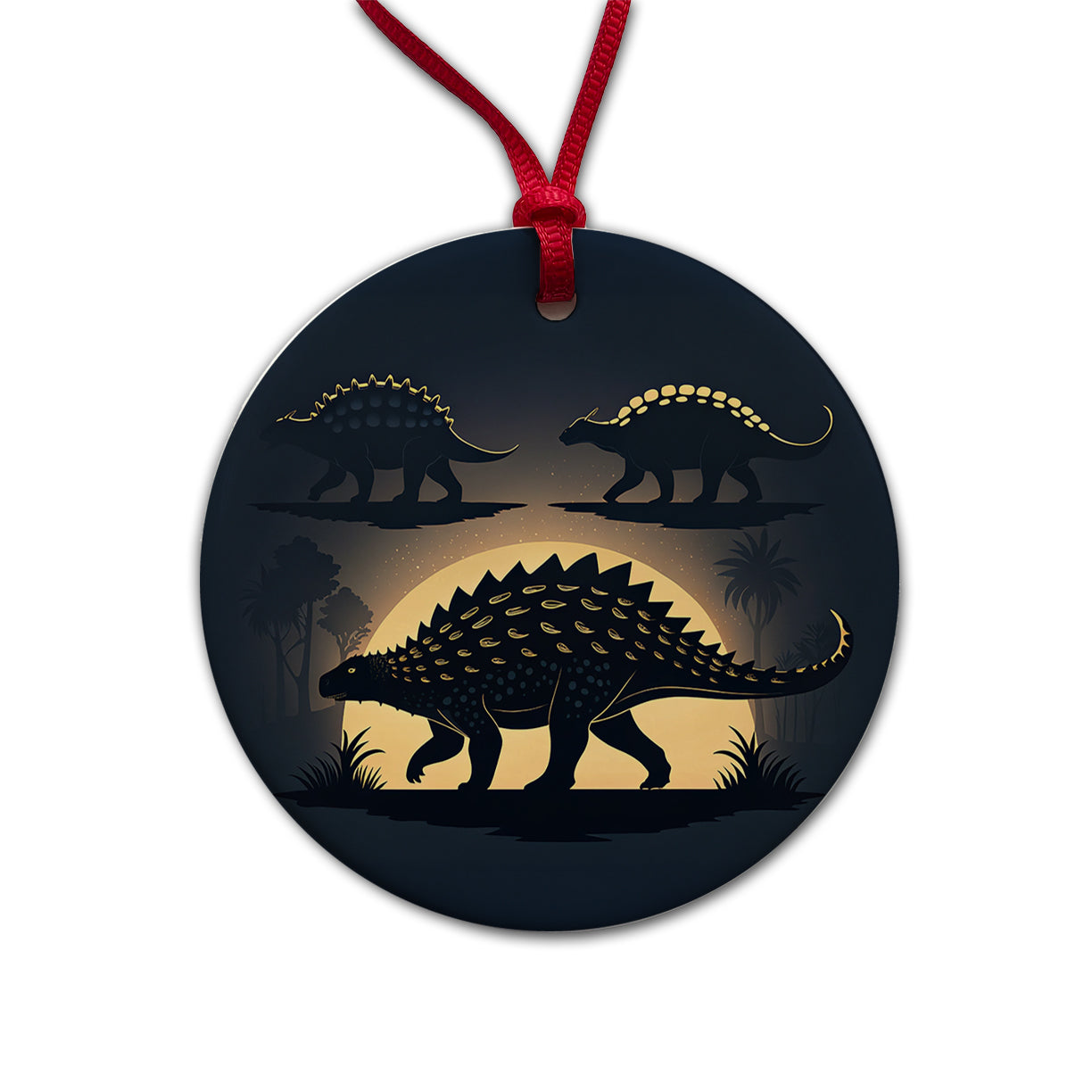 Ankylosaurus Silhouettes Walking Dinosaurs Round Ceramic Holiday Christmas Tree Ornament