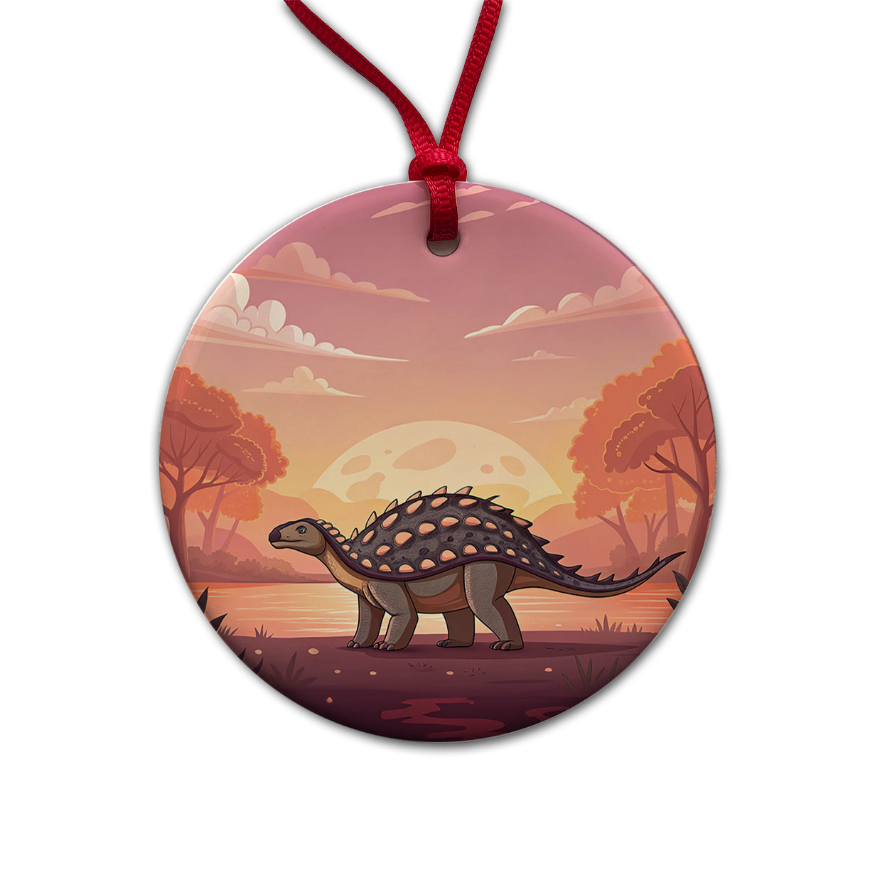 Ankylosaurus Sunset Dinosaur Round Ceramic Holiday Christmas Tree Ornament