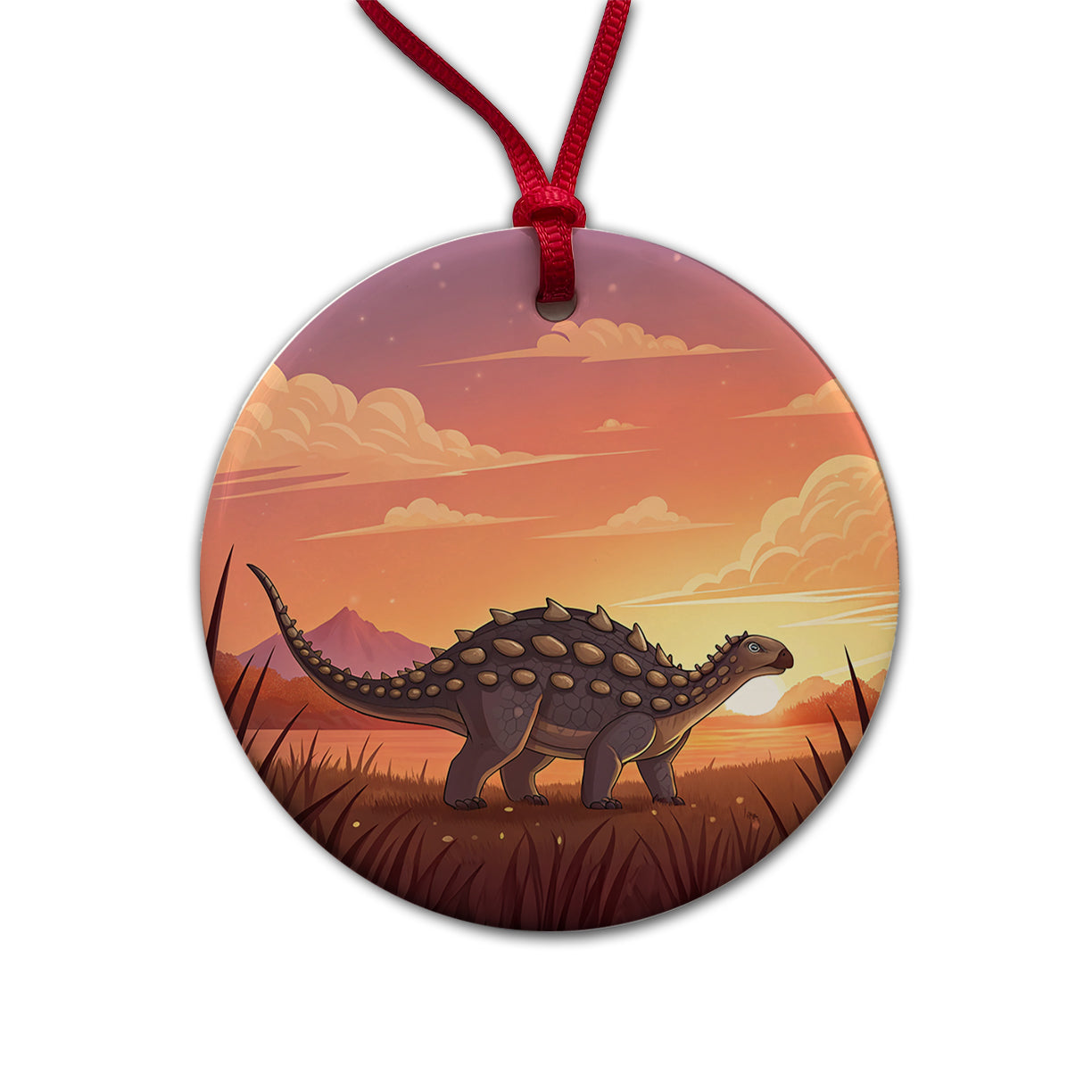 Ankylosaurus Sunset Sunrise Dinosaur Round Ceramic Holiday Christmas Tree Ornament