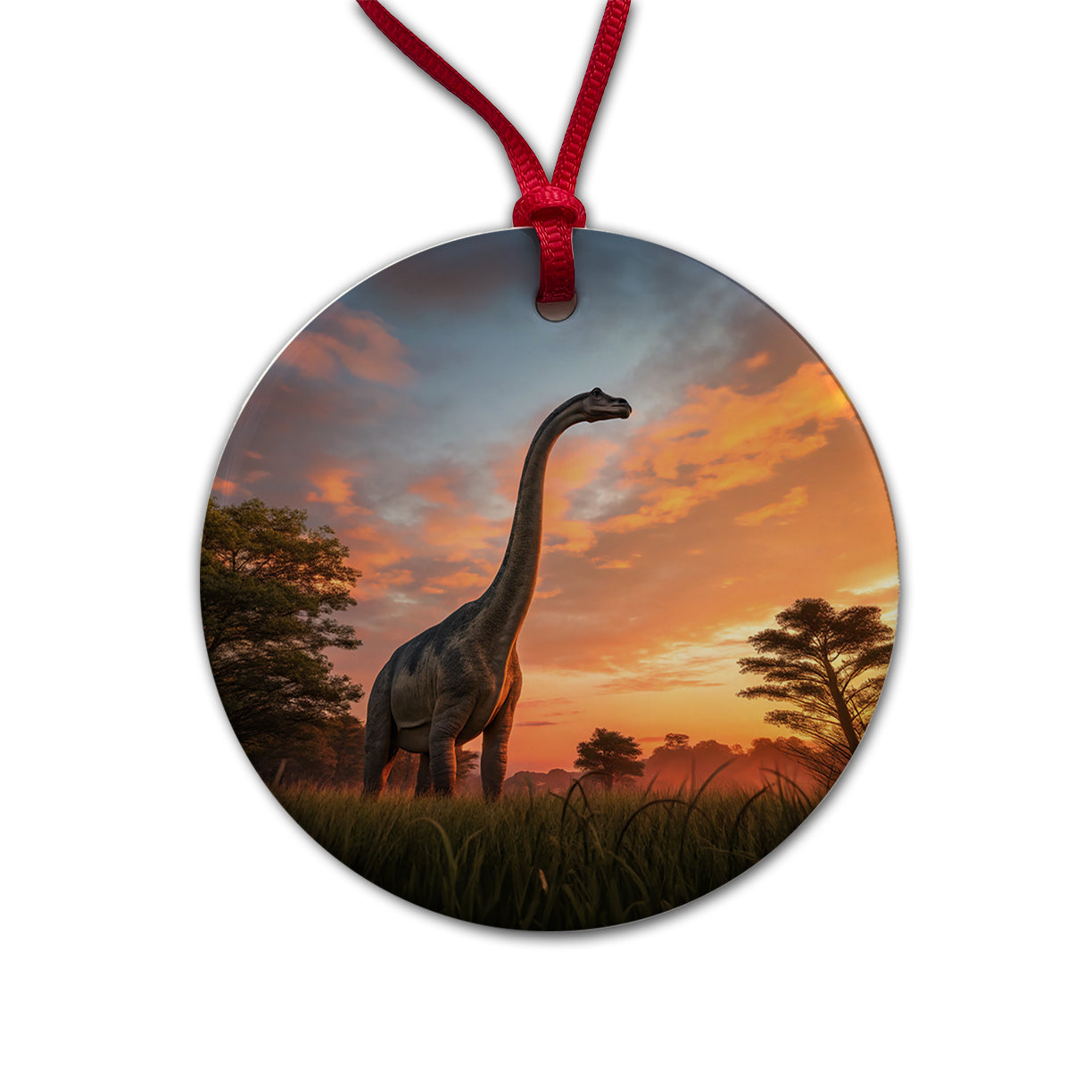Apatosaurus Sunset Sunrise Dinosaur Round Ceramic Holiday Christmas Tree Ornament