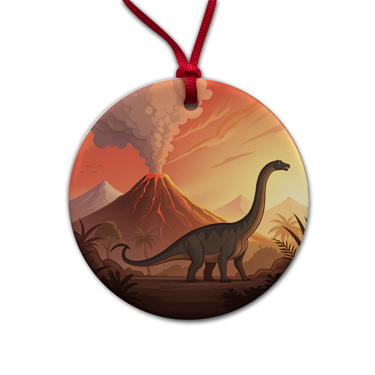 Apatosaurus Volcano Round Ceramic Holiday Christmas Tree Ornament