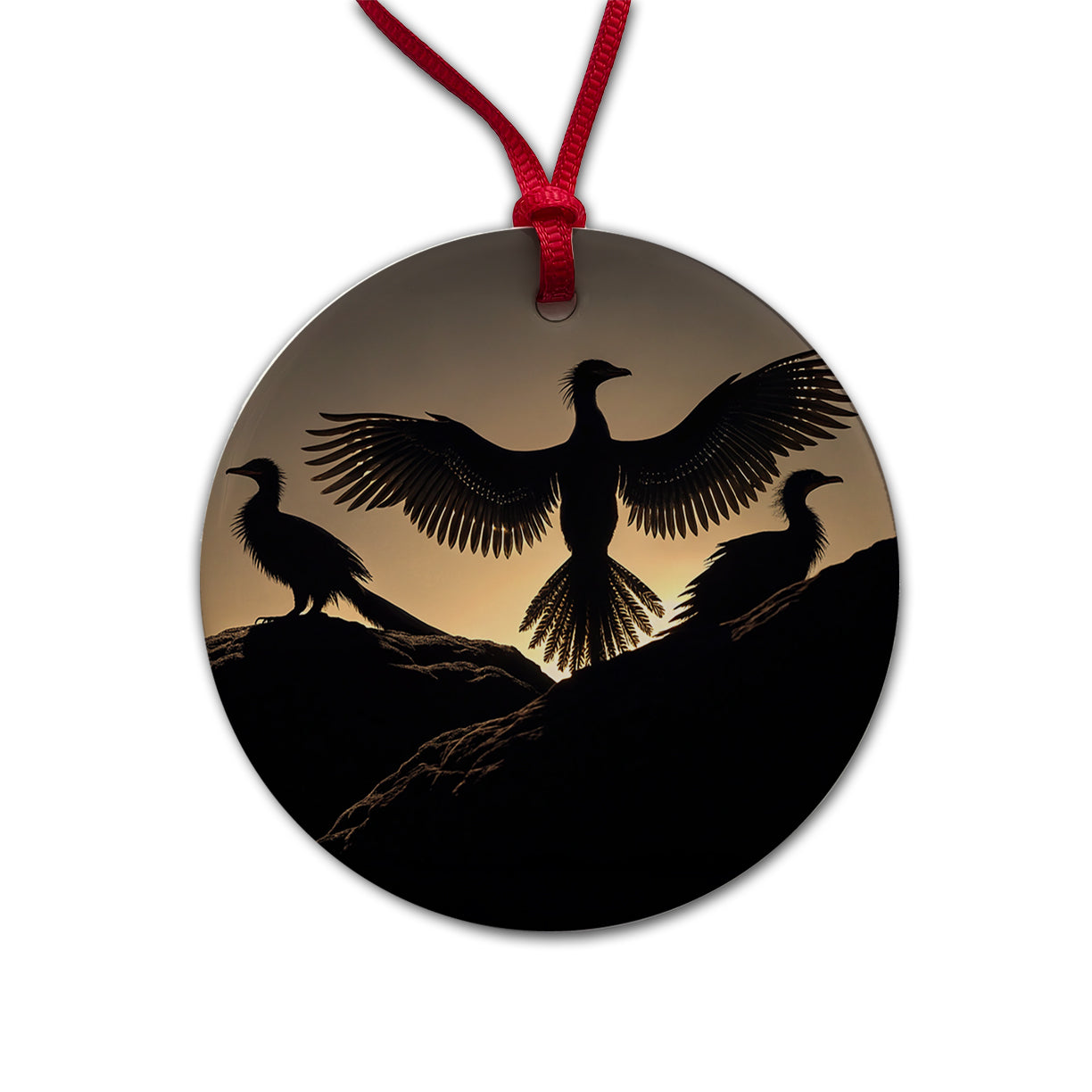 Archaeopteryx Silhouettes Dinosaurs Round Ceramic Holiday Christmas Tree Ornament