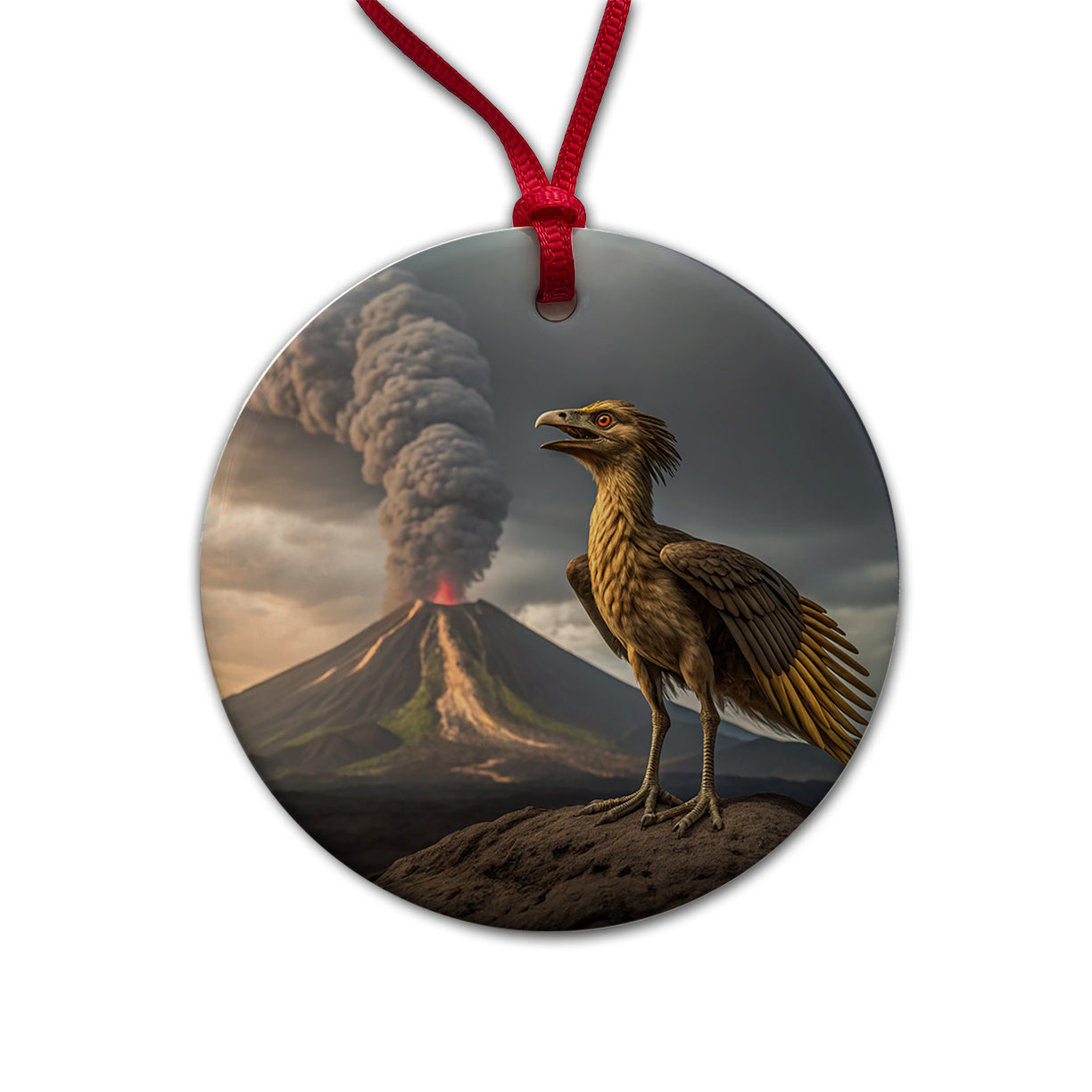 Archaeopteryx Volcano Dinosaur Round Ceramic Holiday Christmas Tree Ornament