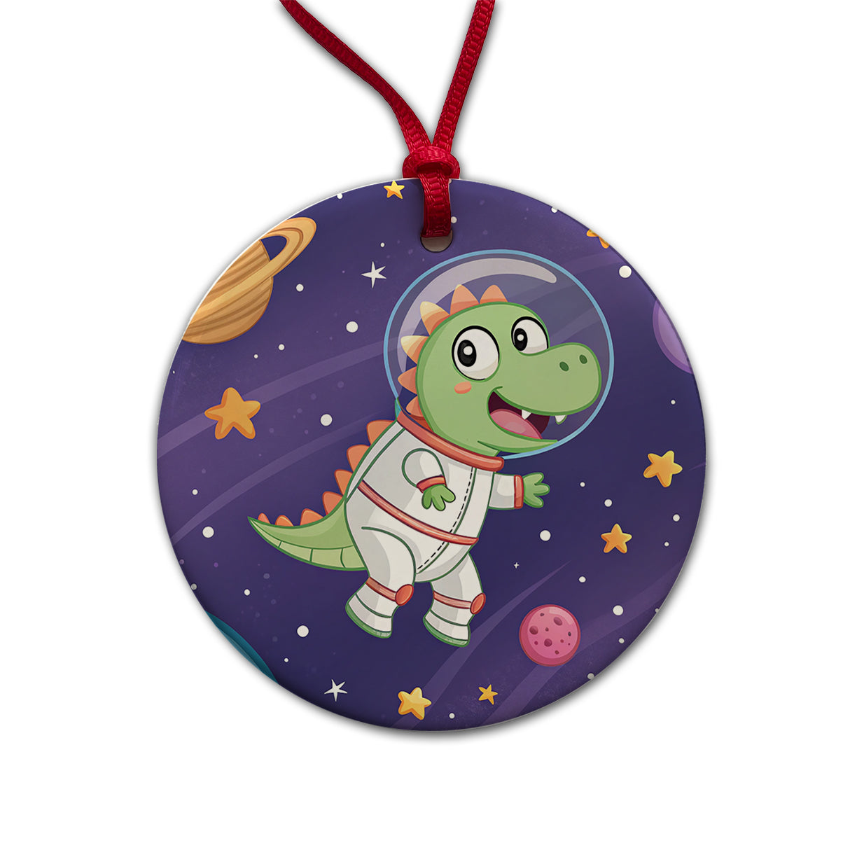 Astronaut Dinosaur Floating Outer Space Planets Round Ceramic Holiday Christmas Tree Ornament