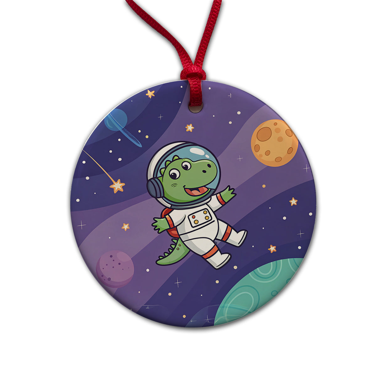 Astronaut Dinosaur In Space Suit Planets Round Ceramic Holiday Christmas Tree Ornament