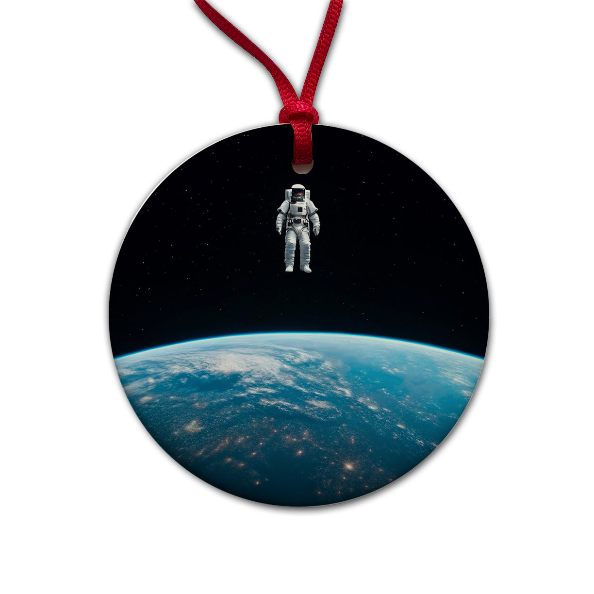 Astronaut Drifting In Space Above Earth Round Ceramic Holiday Christmas Tree Ornament