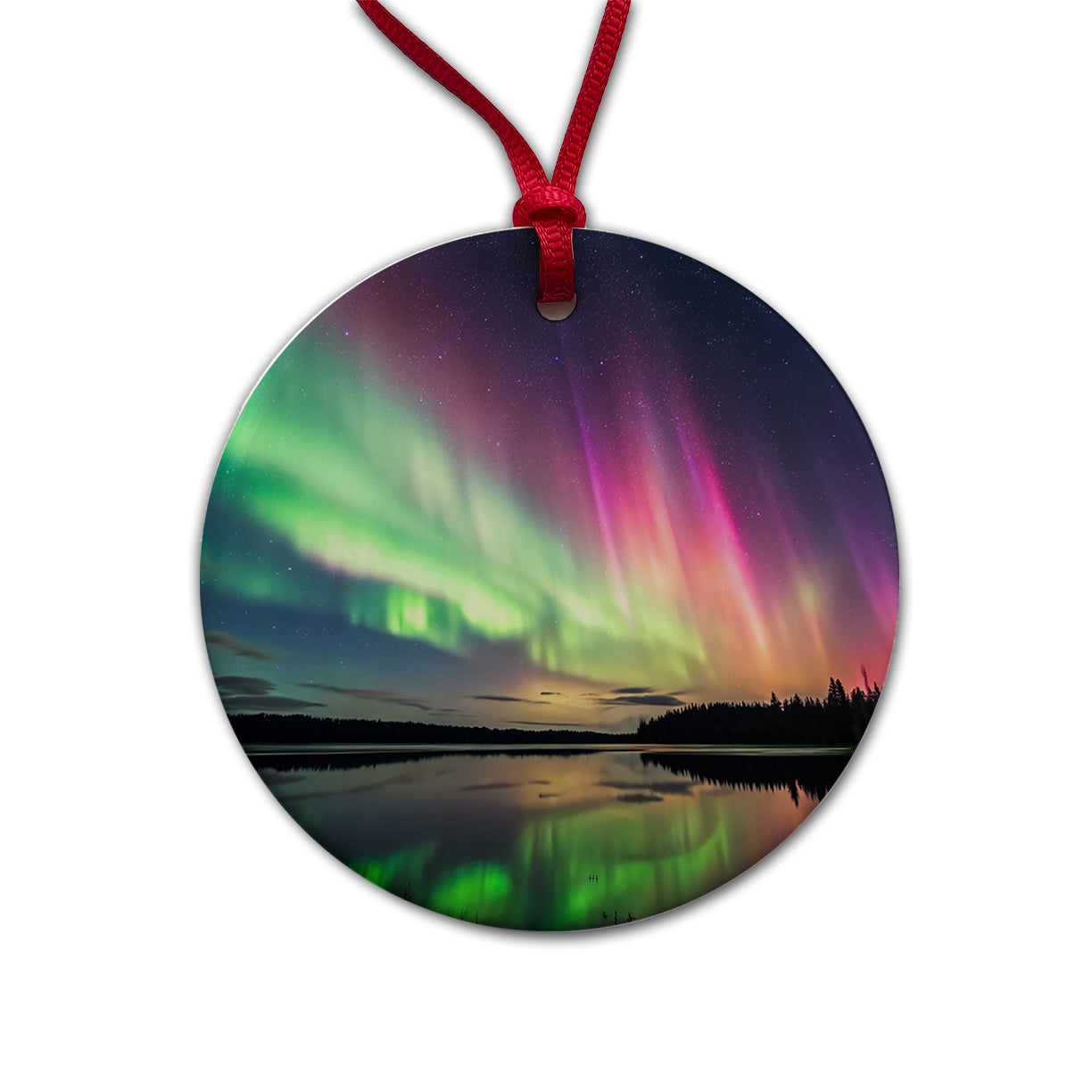 Aurora Borealis Northern Lights Over Lake Round Ceramic Holiday Christmas Tree Ornament