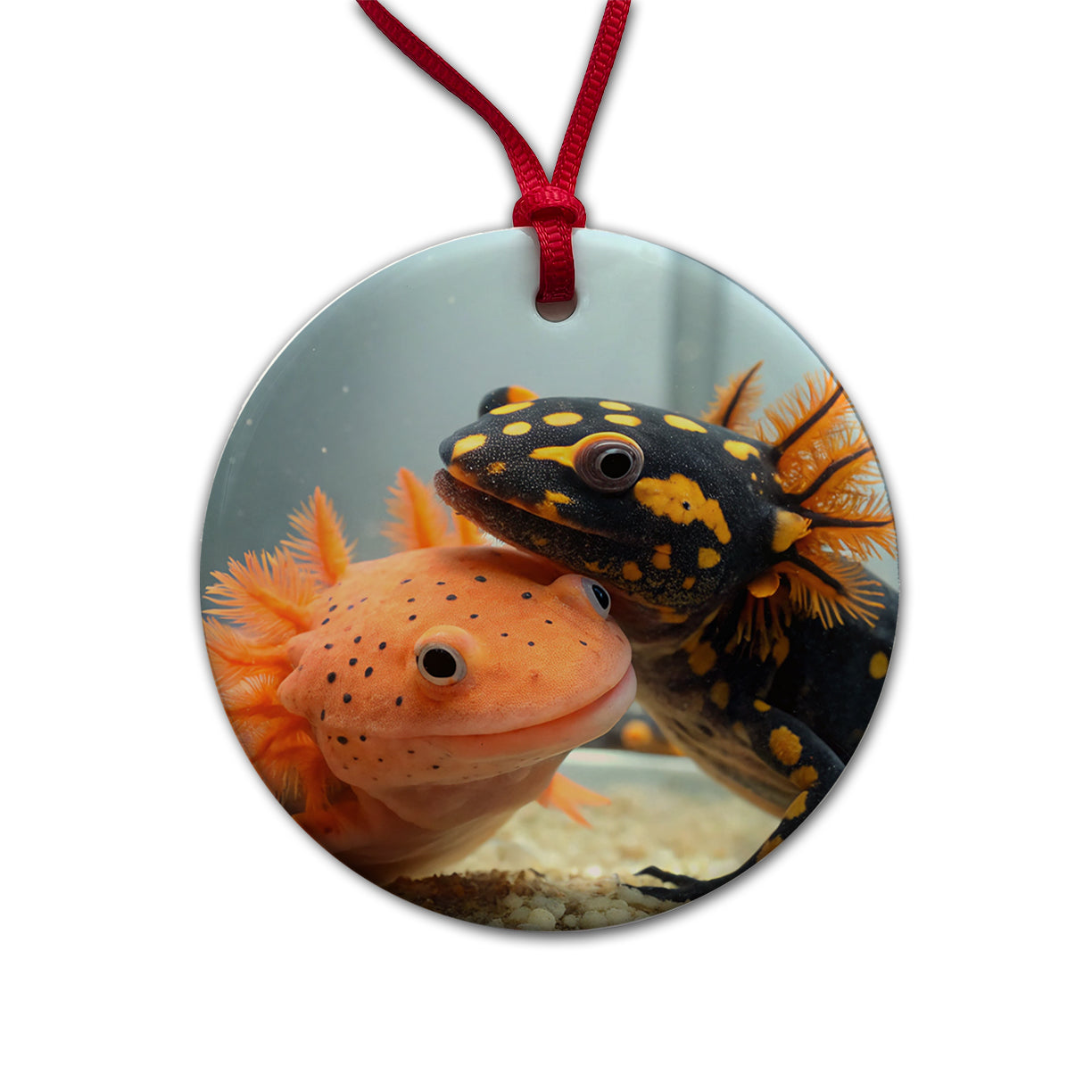Axolotls Hugging Round Ceramic Holiday Christmas Tree Ornament