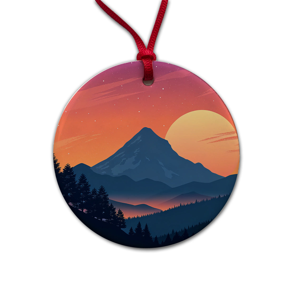 Beautiful Mountain Sunset Round Ceramic Holiday Christmas Tree Ornament
