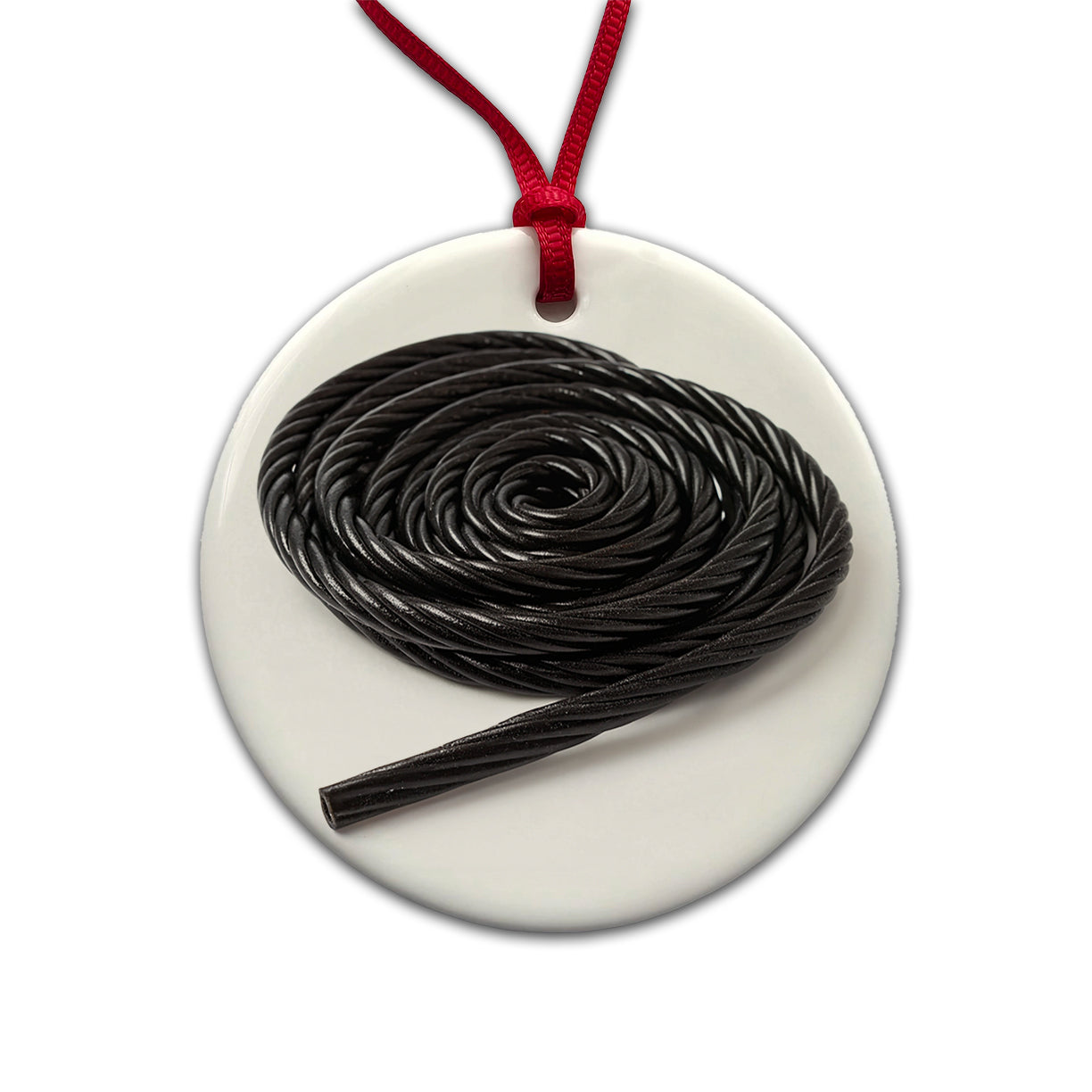 Black Licorice Rope Round Ceramic Holiday Christmas Tree Ornament