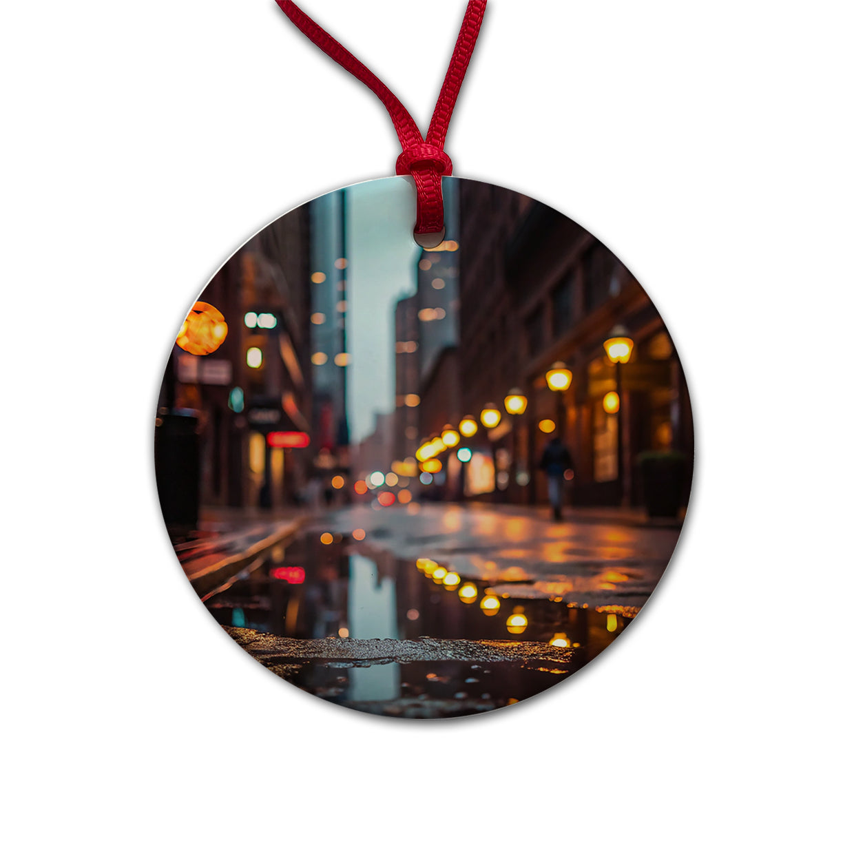 Blurred Lights Buildings City Rainy Street Round Ceramic Holiday Christmas Tree Ornament