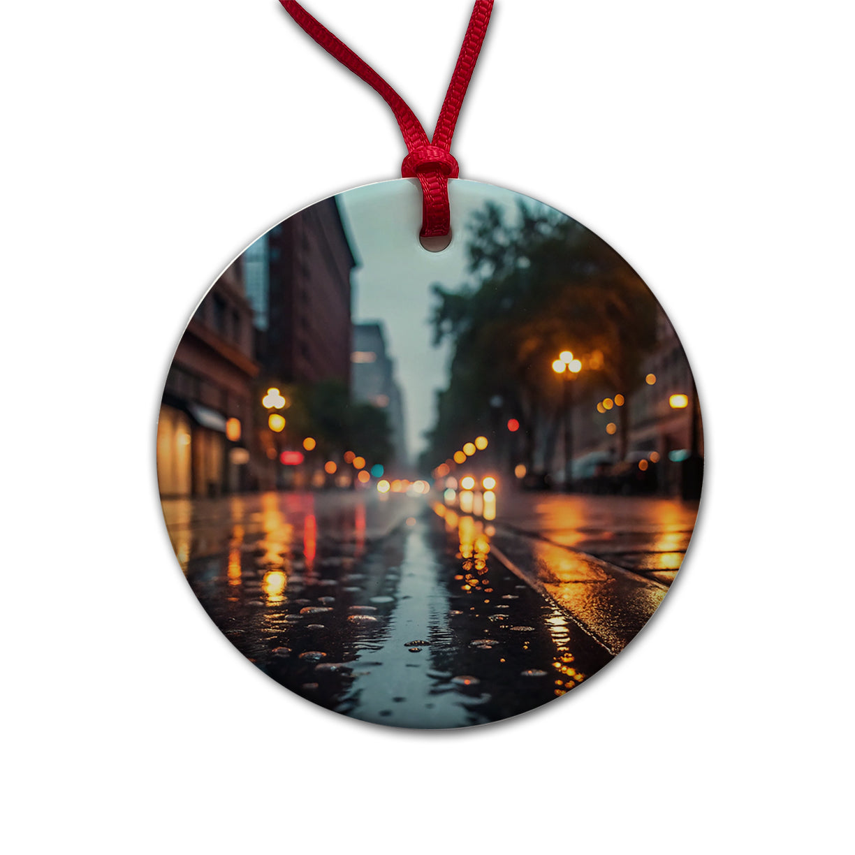 Blurred Lights City Wet Street Round Ceramic Holiday Christmas Tree Ornament