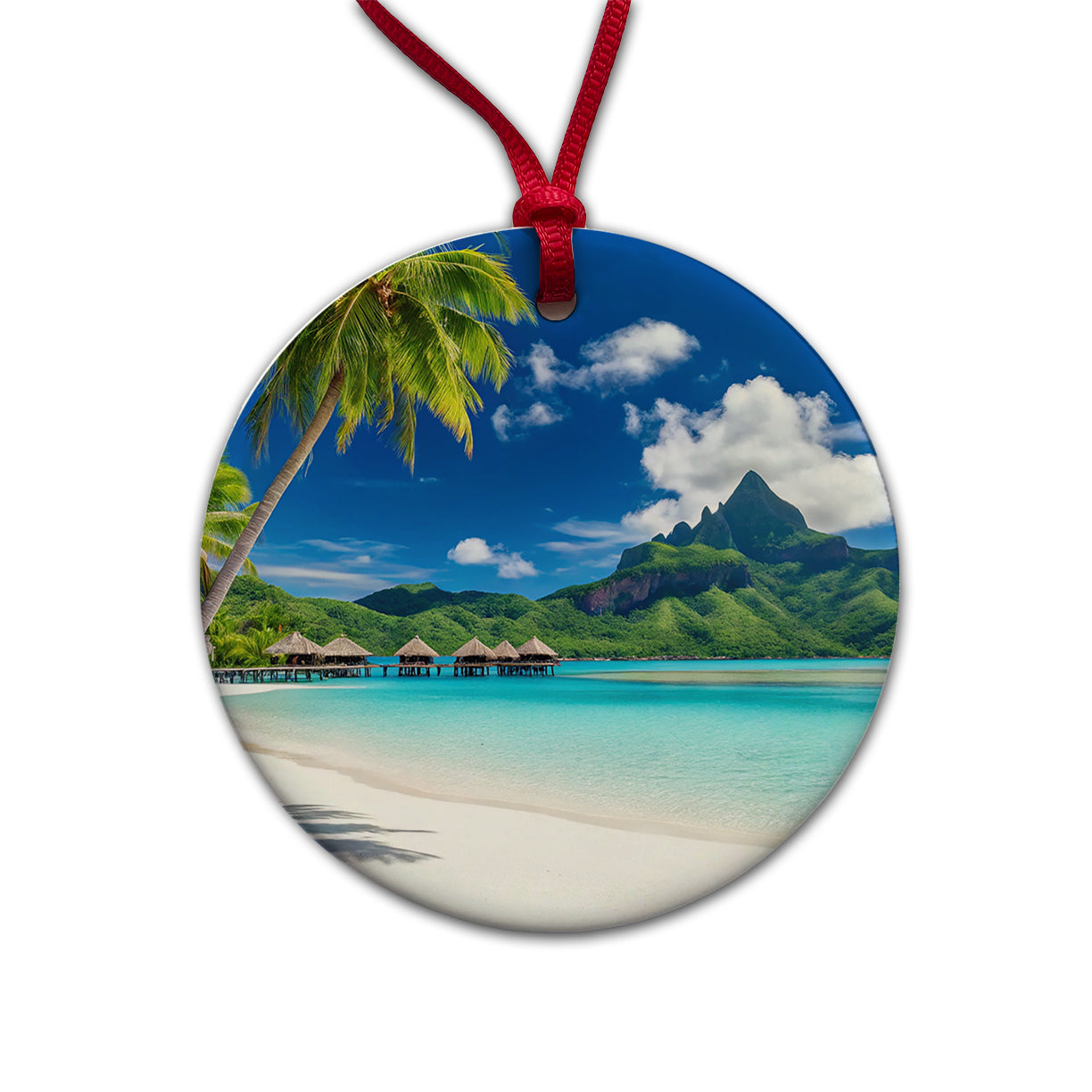 Bora Bora French Polynesia Bungalows Ocean Round Ceramic Holiday Christmas Tree Ornament
