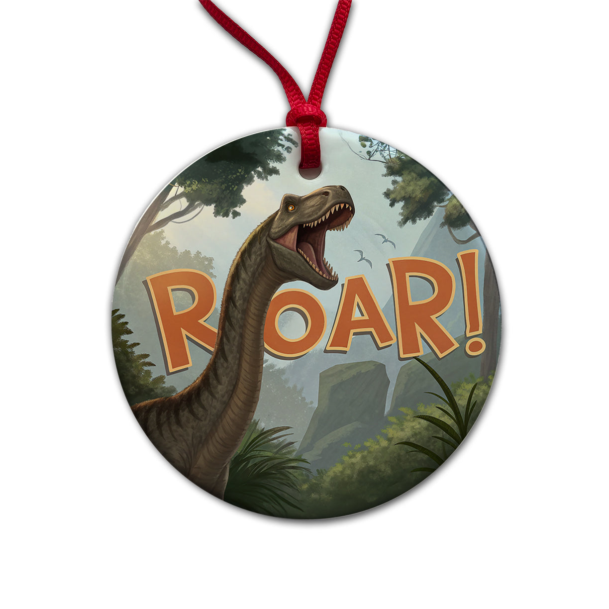 Brachiosaurus Roar Bold Text Dinosaur Round Ceramic Holiday Christmas Tree Ornament