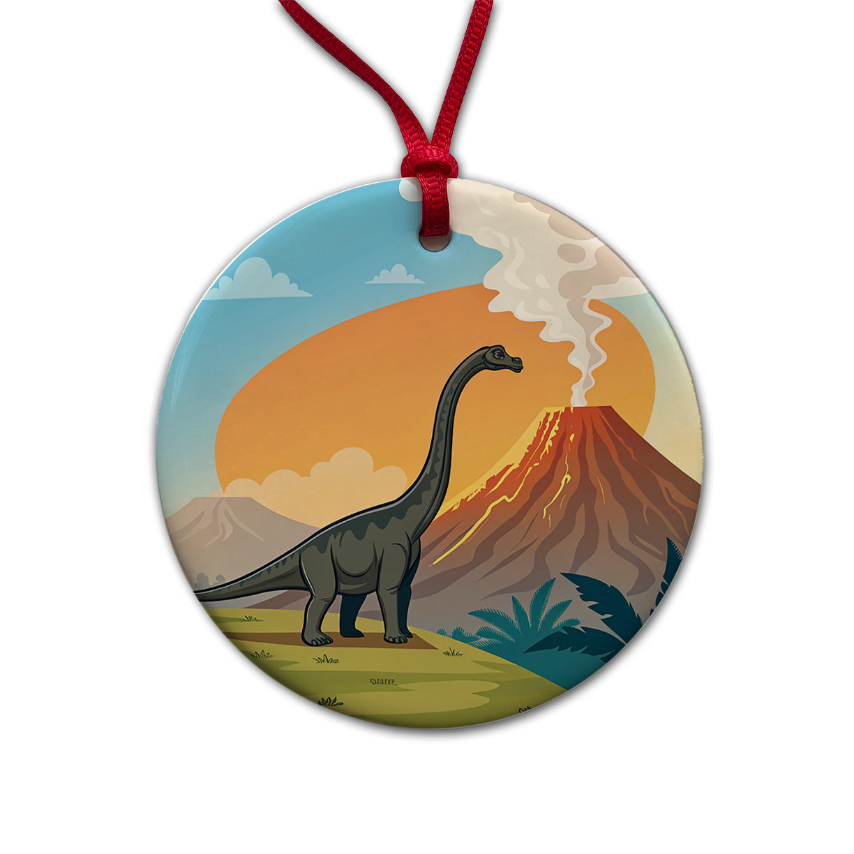 Brachiosaurus Volcano Colorful Dinosaur Round Ceramic Holiday Christmas Tree Ornament