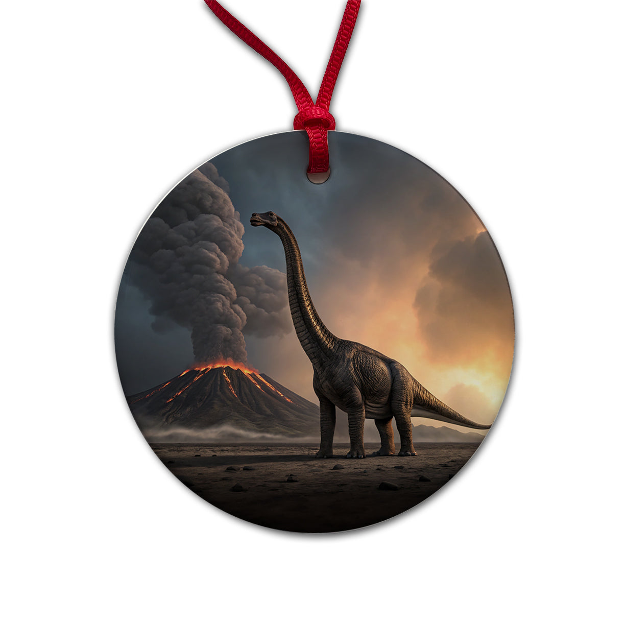 Brachiosaurus Volcano Stark Dinosaur Round Ceramic Holiday Christmas Tree Ornament
