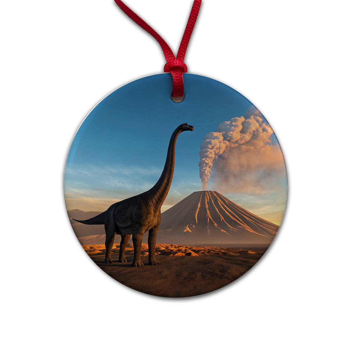 Brachiosaurus Volcano Sunset Dinosaur Round Ceramic Holiday Christmas Tree Ornament
