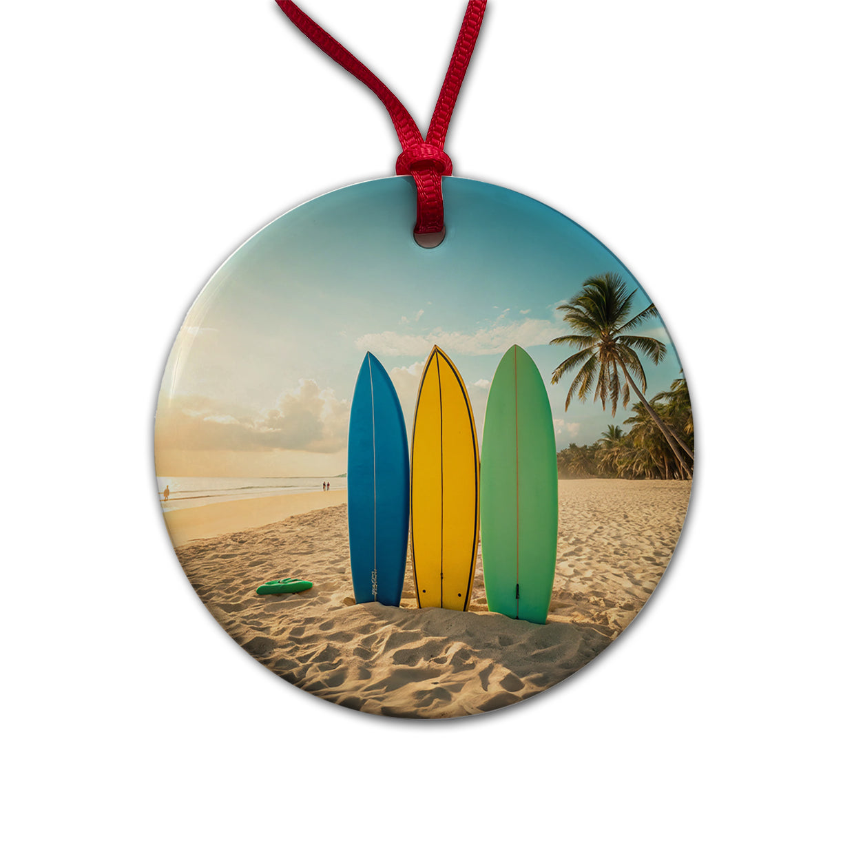 Brightly Colored Surfboards Sand Beach Ocean Round Ceramic Holiday Christmas Tree Ornament