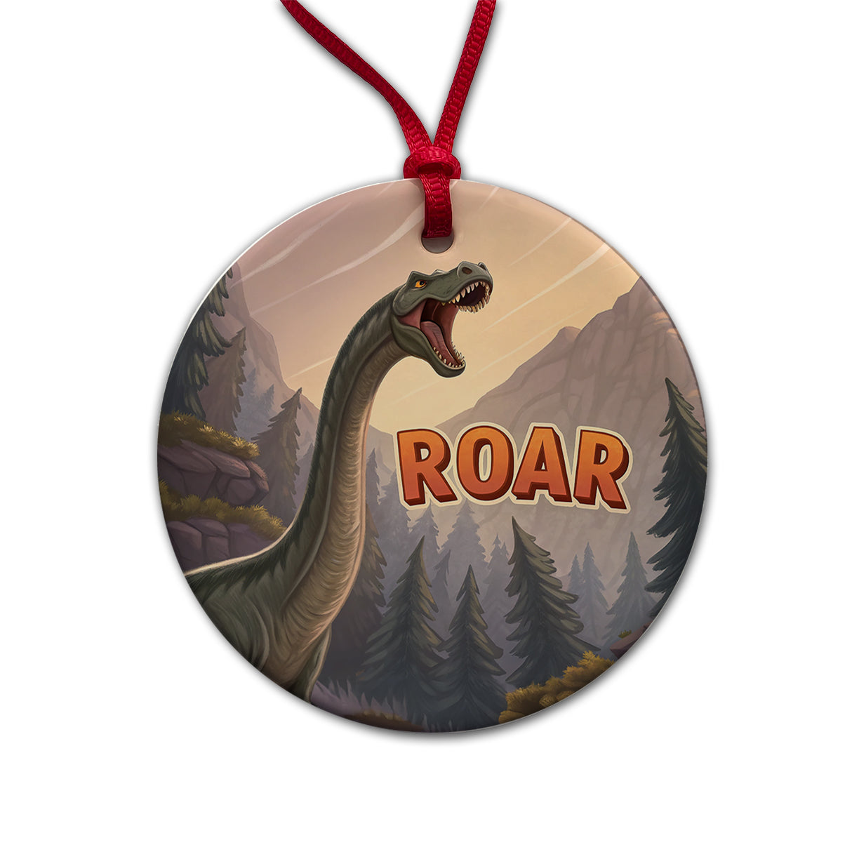 Brontosaurus Roar Bold Text Dinosaur Round Ceramic Holiday Christmas Tree Ornament