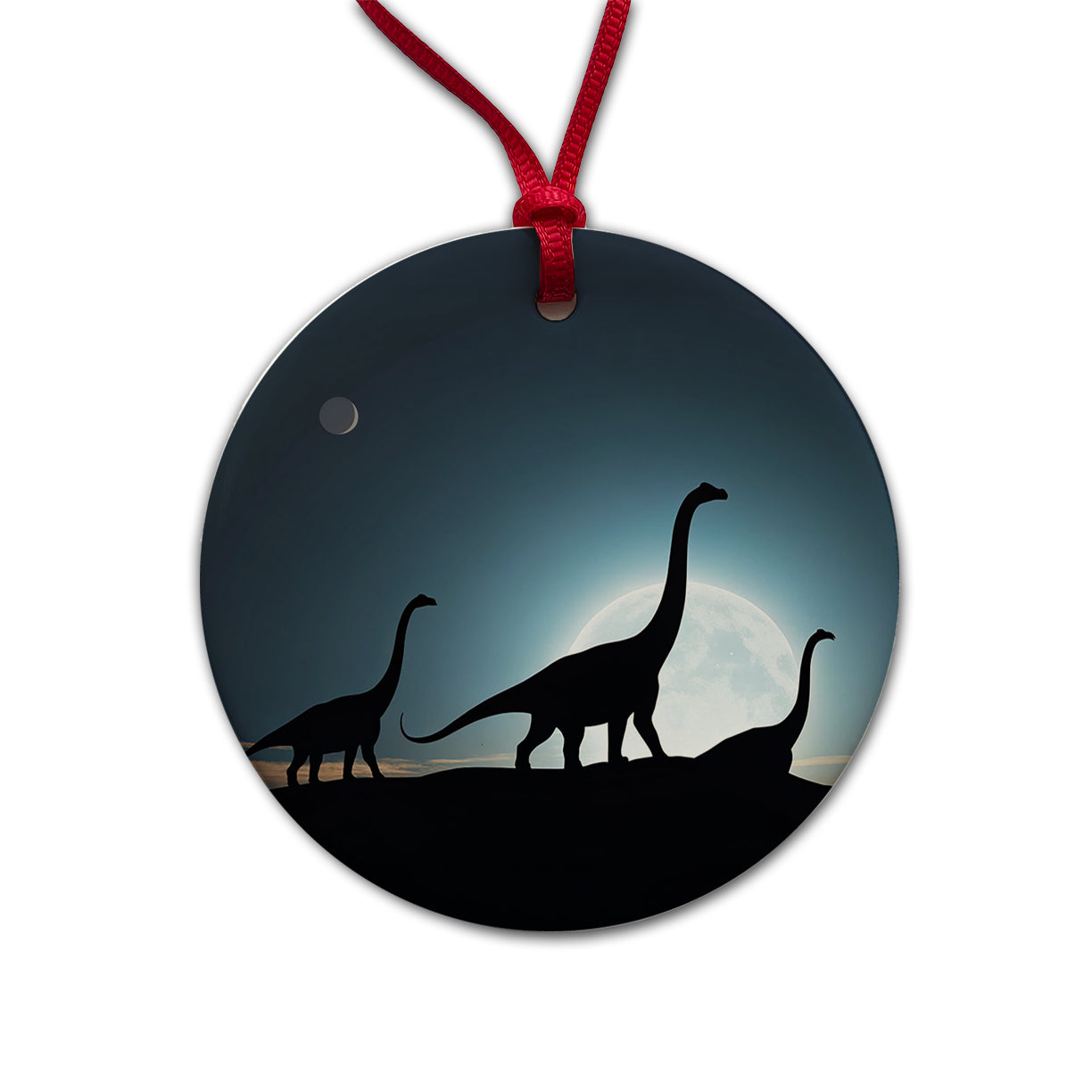 Brontosaurus Silhouettes Dinosaurs Night Sky Round Ceramic Holiday Christmas Tree Ornament