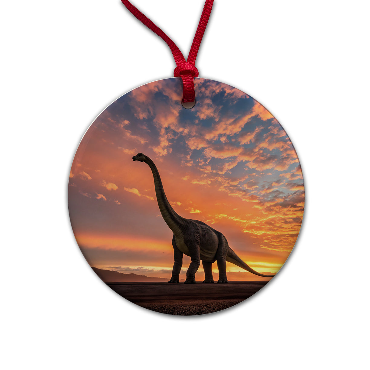 Brontosaurus Sunset Dinosaur Round Ceramic Holiday Christmas Tree Ornament