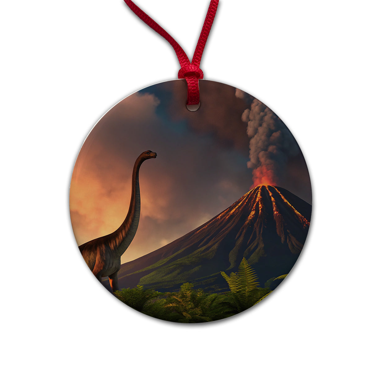 Brontosaurus Volcano Erupting Dinosaur Round Ceramic Holiday Christmas Tree Ornament