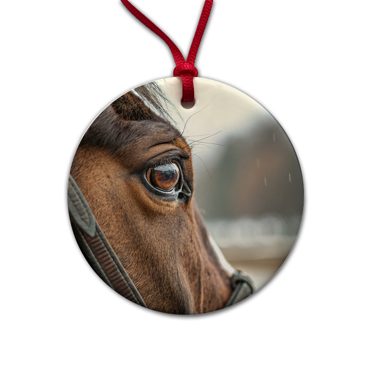 Brown Horse Eye Close Up Round Ceramic Holiday Christmas Tree Ornament