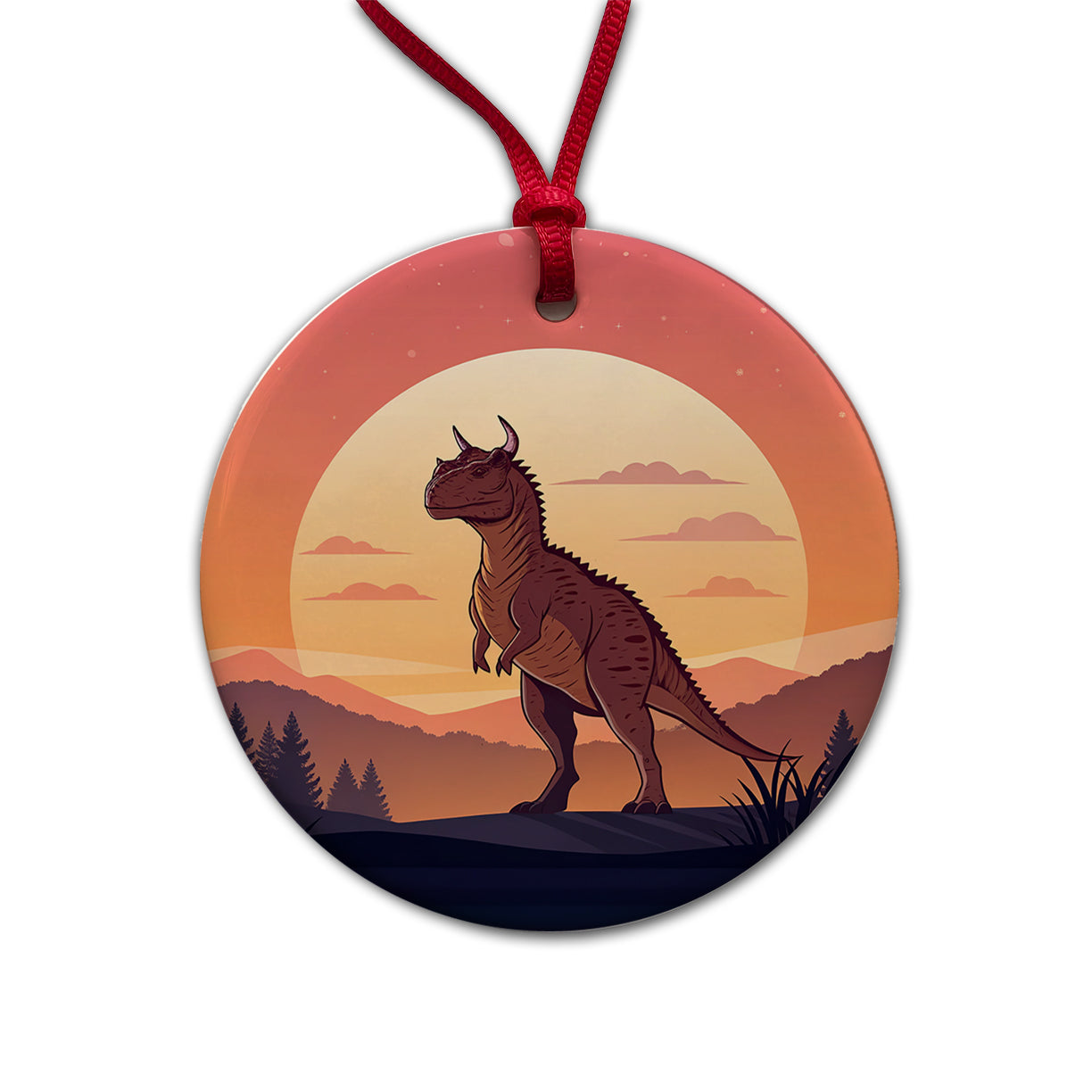 Carnotaurus Sunset Dinosaur Round Ceramic Holiday Christmas Tree Ornament