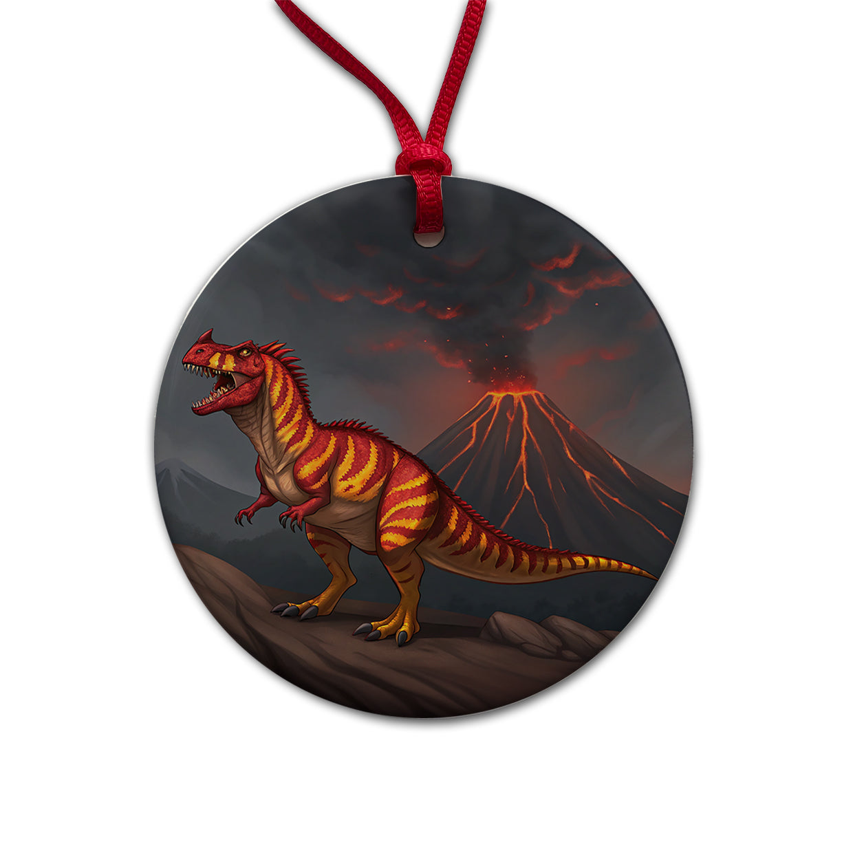 Carnotaurus Volcano Erupting Dinosaur Round Ceramic Holiday Christmas Tree Ornament