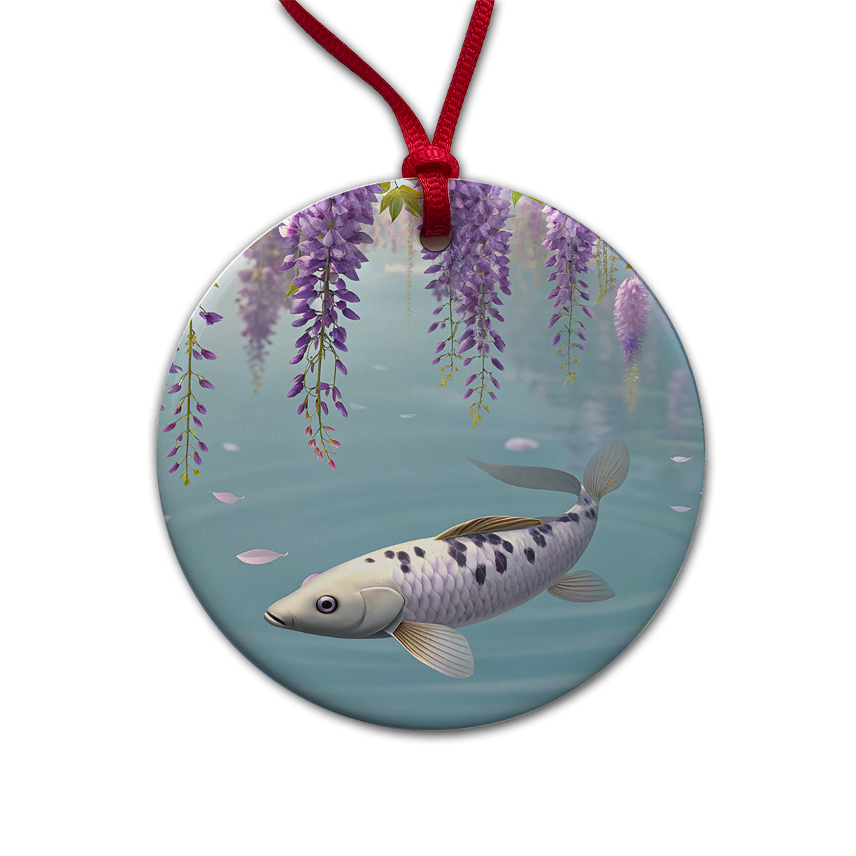 Carp Wisteria Flowers Fish Pond Round Ceramic Holiday Christmas Tree Ornament