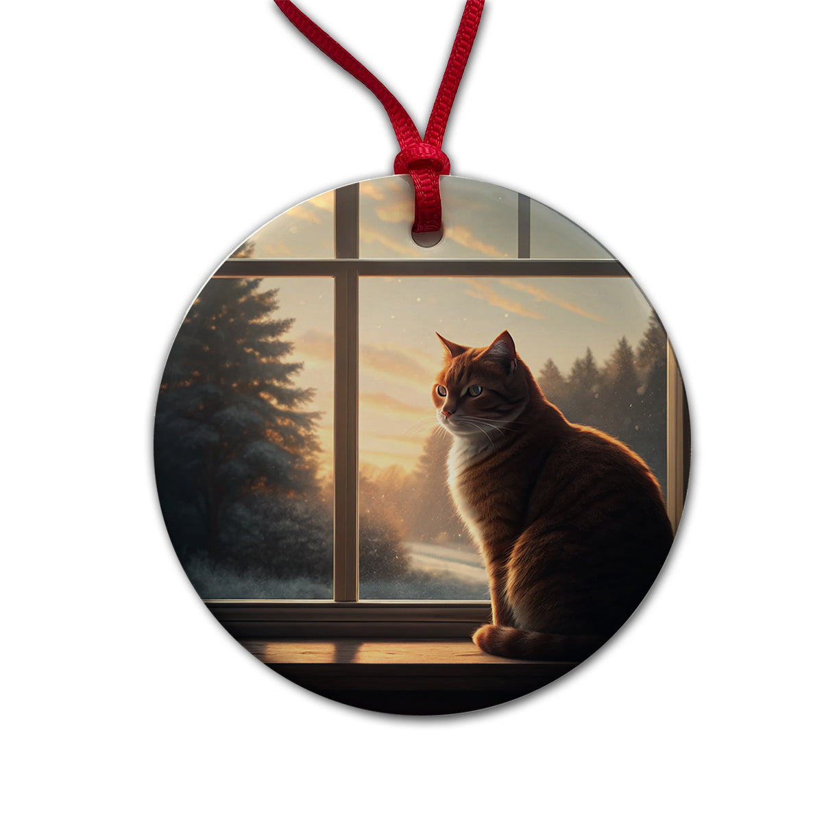 Cat In Window Pretty Round Ceramic Holiday Christmas Tree Ornament