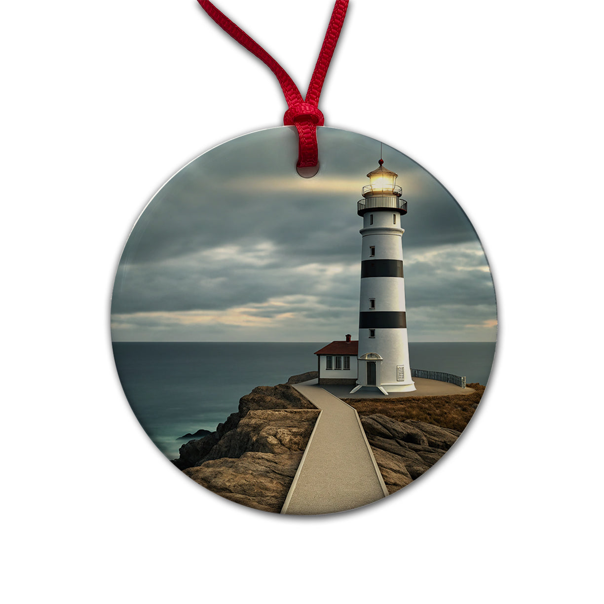 Coastal Lighthouse Ocean Round Ceramic Holiday Christmas Tree Ornament