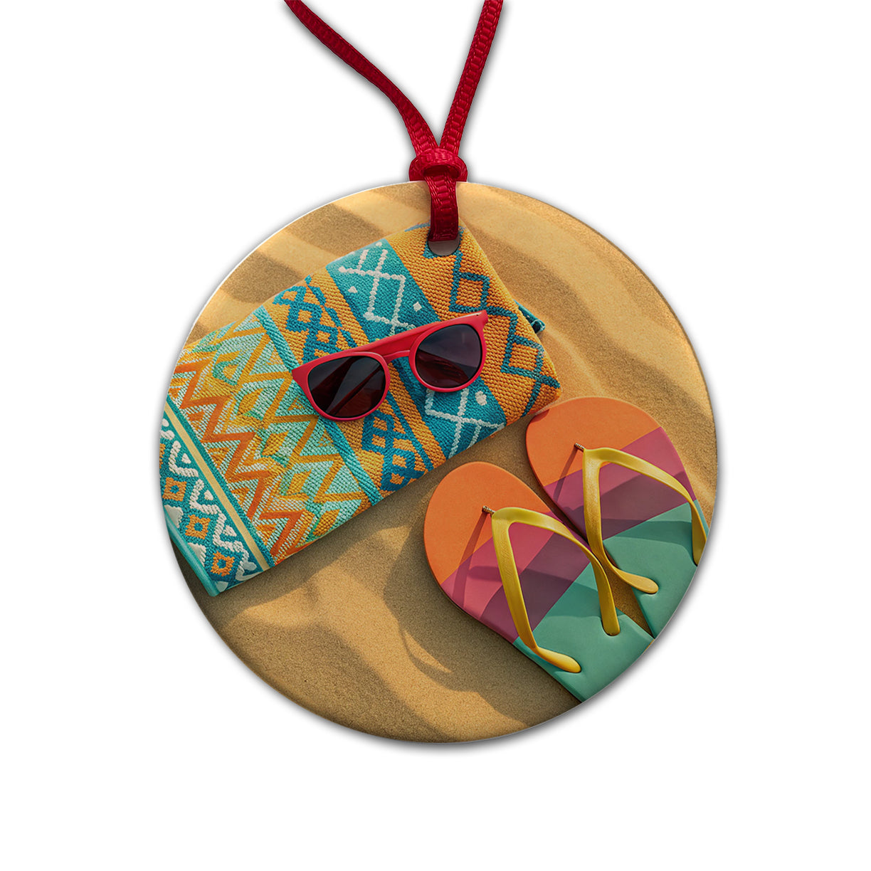 Colorful Sunglasses Flip Flops Towel On Sandy Beach Round Ceramic Holiday Christmas Tree Ornament