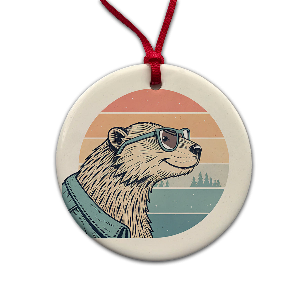 Cool Beaver Wearing Glasses Retro Illustration Round Ceramic Holiday Christmas Tree Ornament