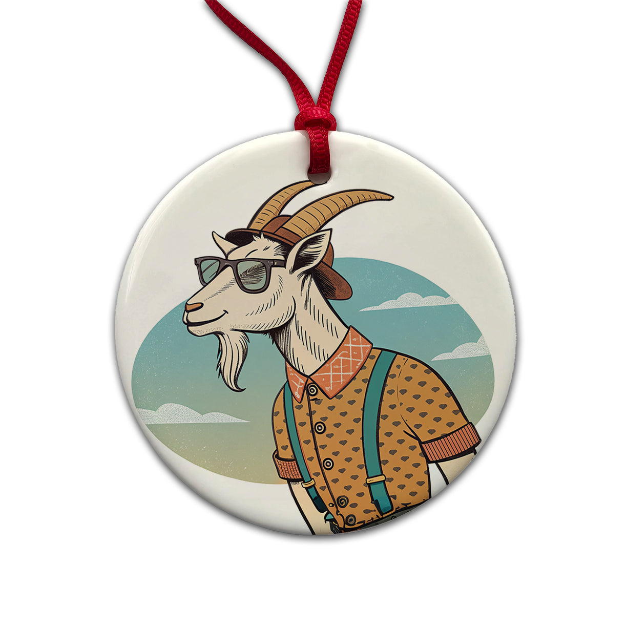 Cool Goat Wearing Sunglasses Retro Illustration Round Ceramic Holiday Christmas Tree Ornament