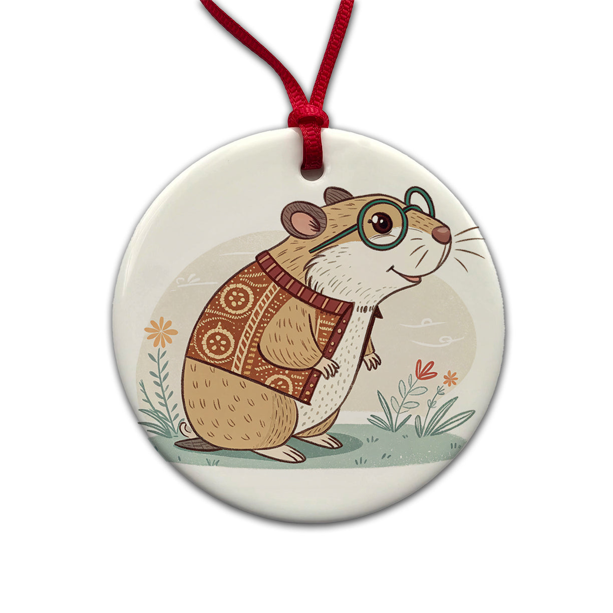 Cool Hamster Wearing Glasses Retro Illustration Cute Round Ceramic Holiday Christmas Tree Ornament