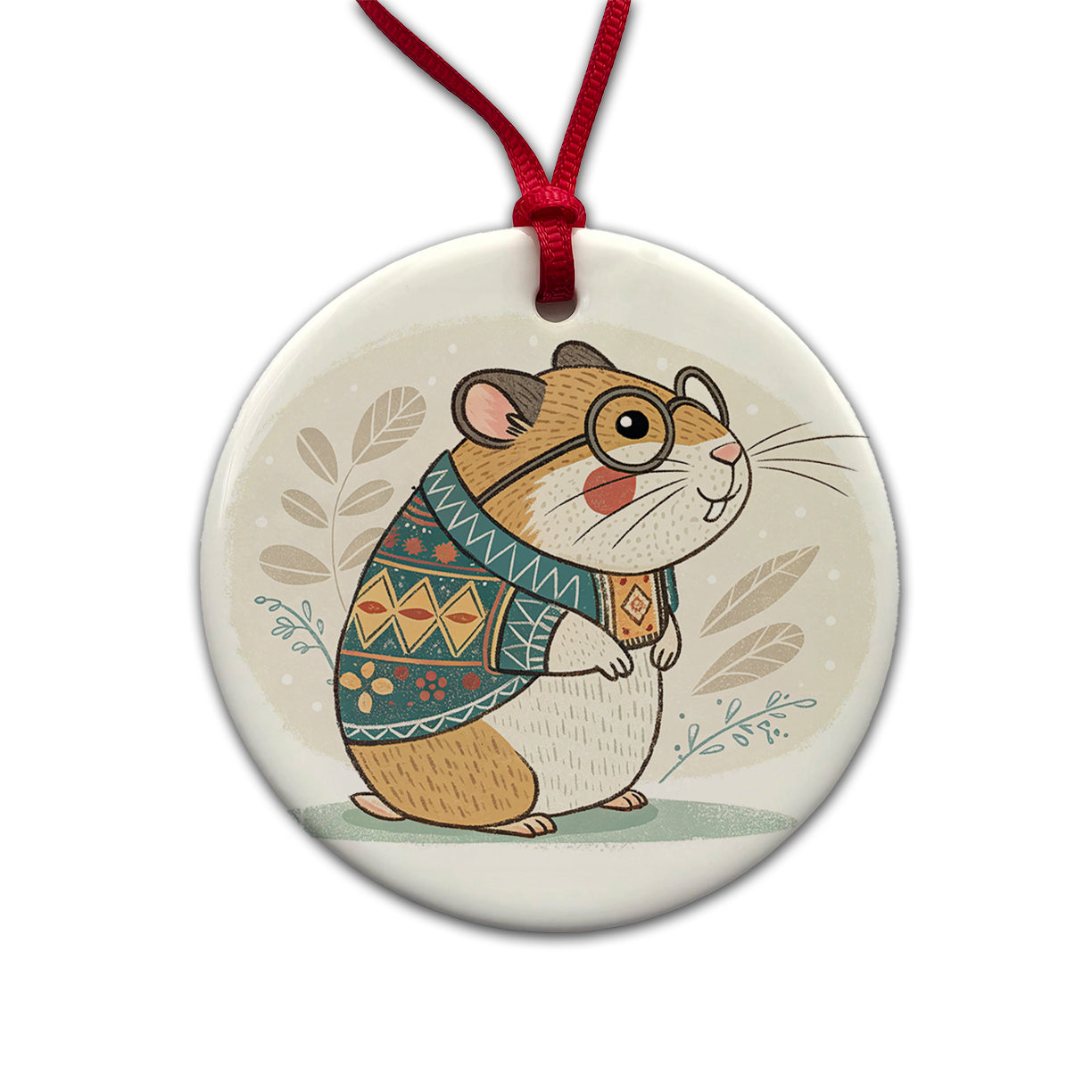 Cool Hamster Wearing Glasses Retro Illustration Round Ceramic Holiday Christmas Tree Ornament