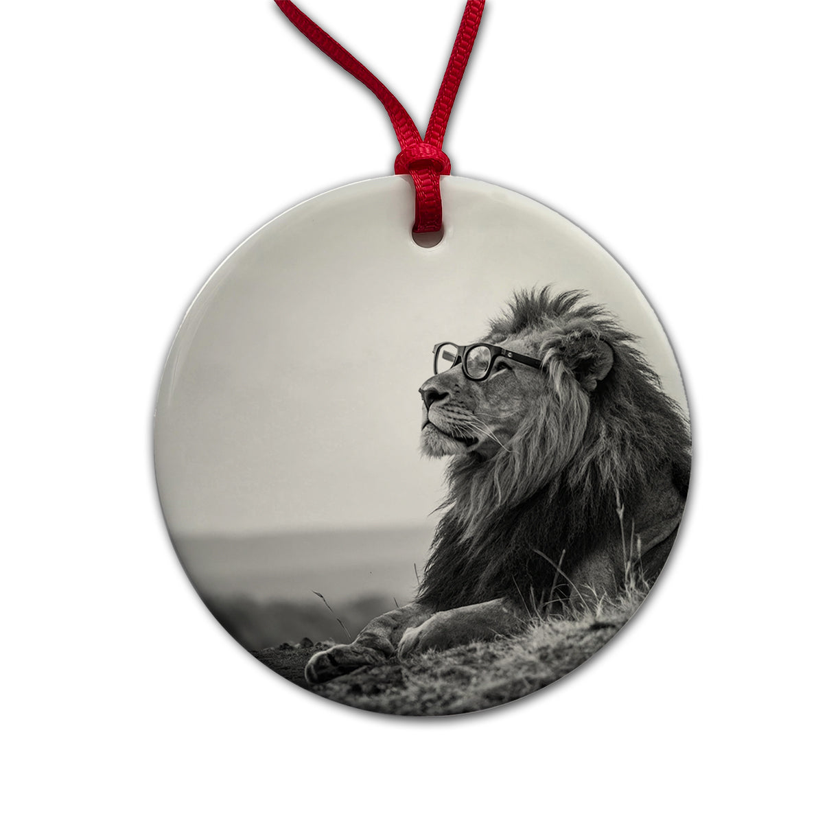 Cool Lion Wearing Glasses Black White Round Ceramic Holiday Christmas Tree Ornament