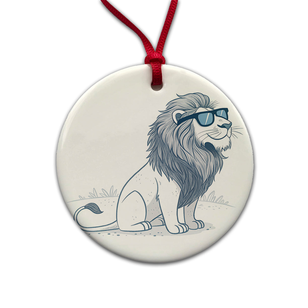 Cool Lion Wearing Sunglasses Minimalist Illustration Round Ceramic Holiday Christmas Tree Ornament