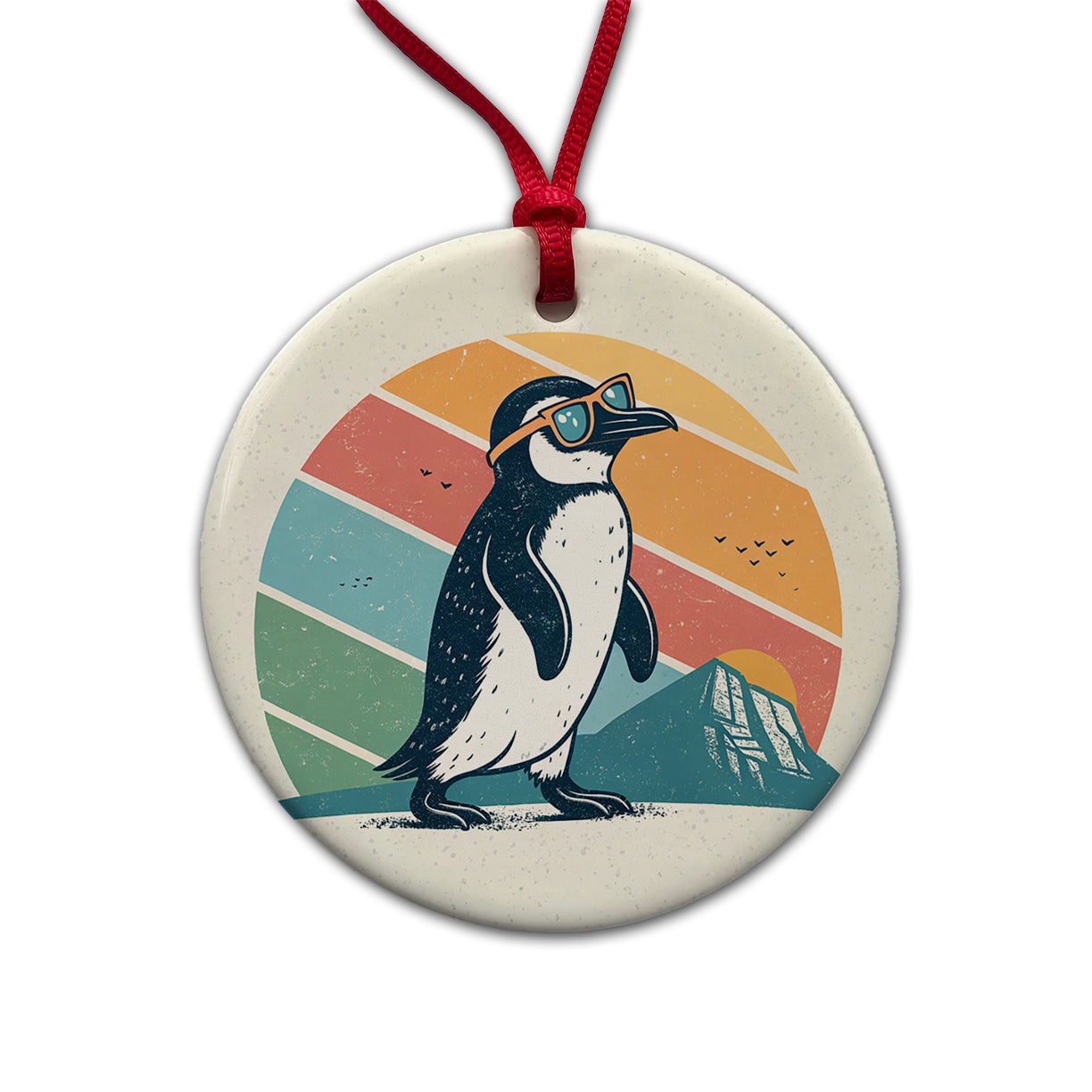 Cool Penguin Wearing Sunglasses Retro Illustration Round Ceramic Holiday Christmas Tree Ornament