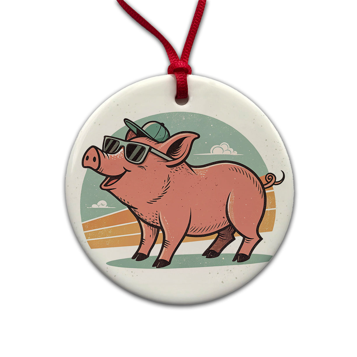 Cool Pig Wearing Sunglasses Retro Illustration Round Ceramic Holiday Christmas Tree Ornament