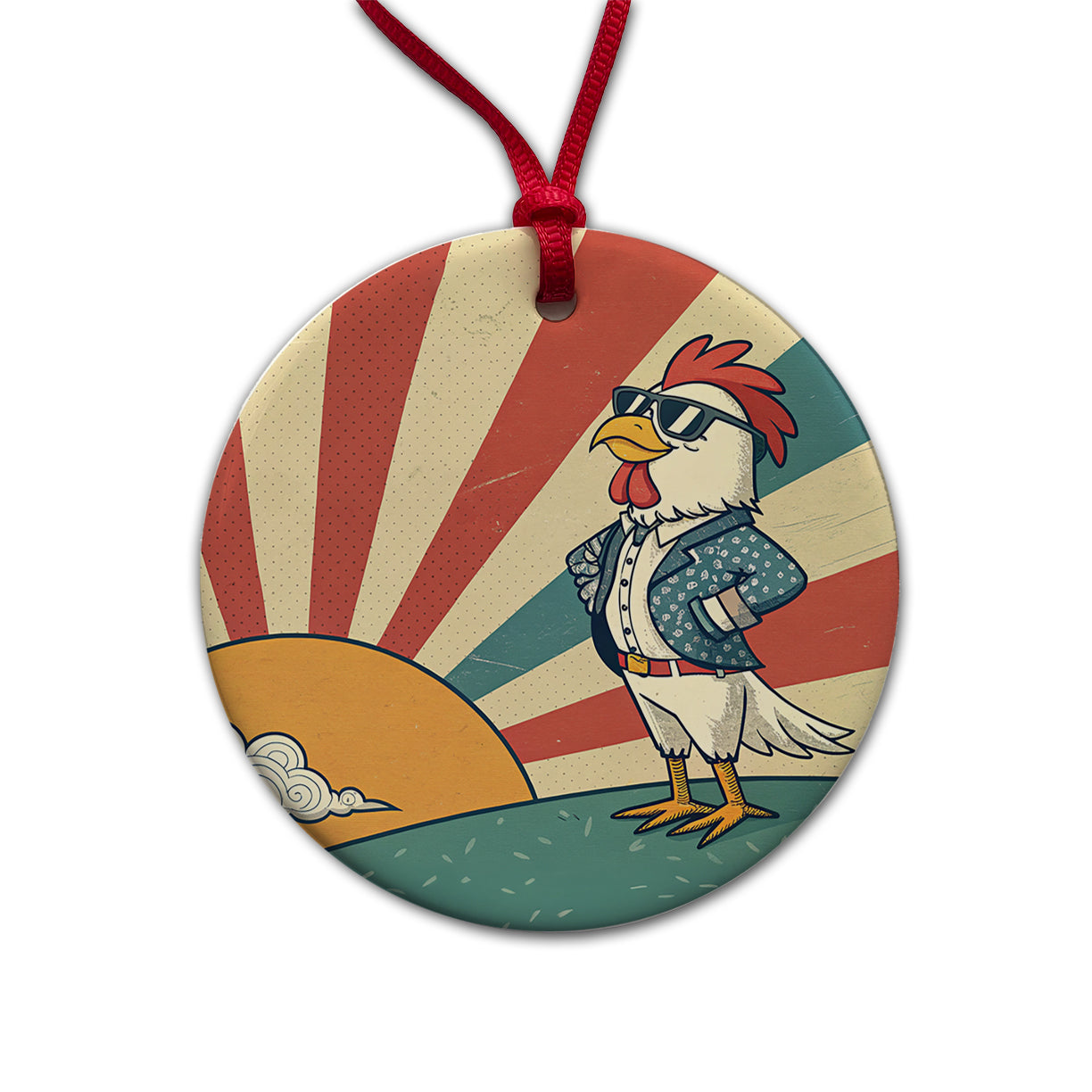 Cool Rooster Chicken Wearing Sunglasses Retro Illustration Round Ceramic Holiday Christmas Tree Ornament